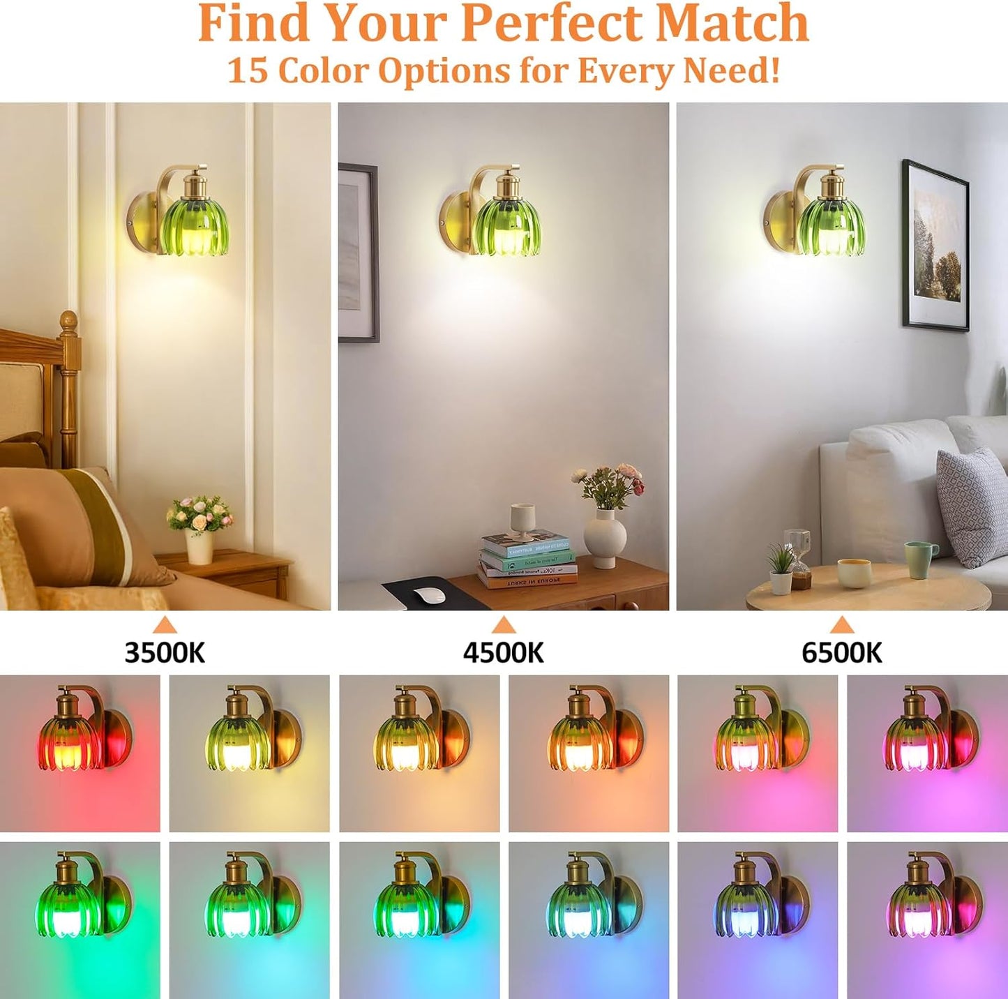 VerRon Rechargeable Battery Operated Wall Sconce with Green Glass Lampshade, Wireless Wall Scone Decor with Remote Control, 15 Colors Gold Wall Light for Bedside Hallway Bedroom Doorway