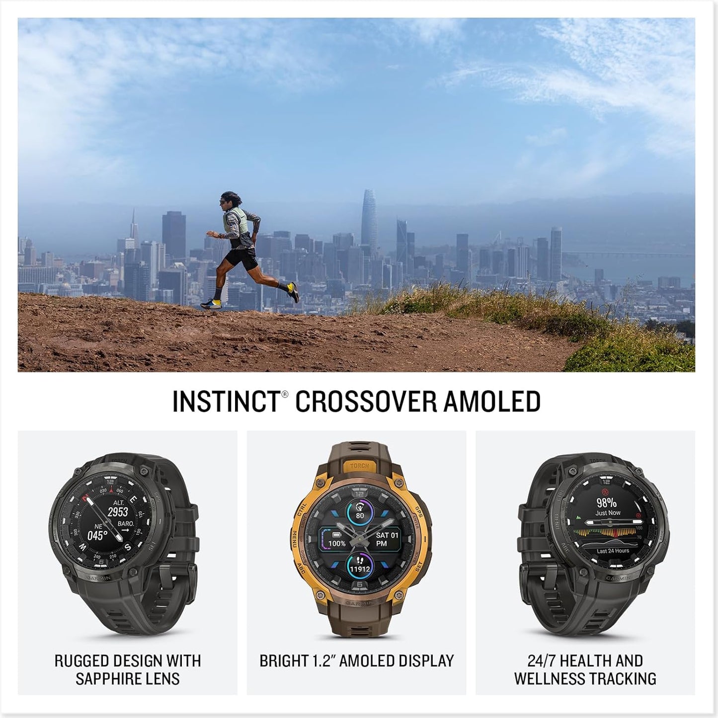 Garmin Instinct® Crossover AMOLED, Rugged Hybrid GPS Smartwatch with Analog Watch Hands and Bright AMOLED Display, Bronze/Sunburst with Cocoa Silicone Band