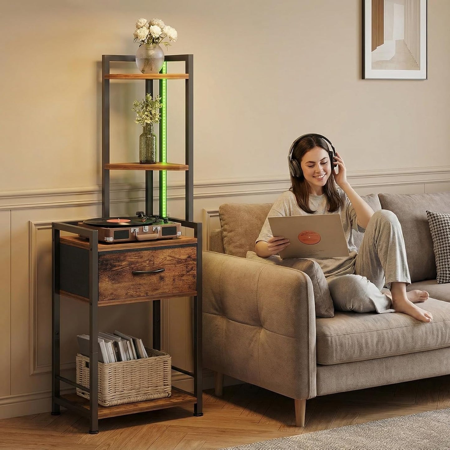 5-Tier Corner Shelf Stand with LED Lights & Fabric Drawer - Rustic Brown Freestanding Corner Cabinet Storage Organizer for Living Room, Bedroom, Office