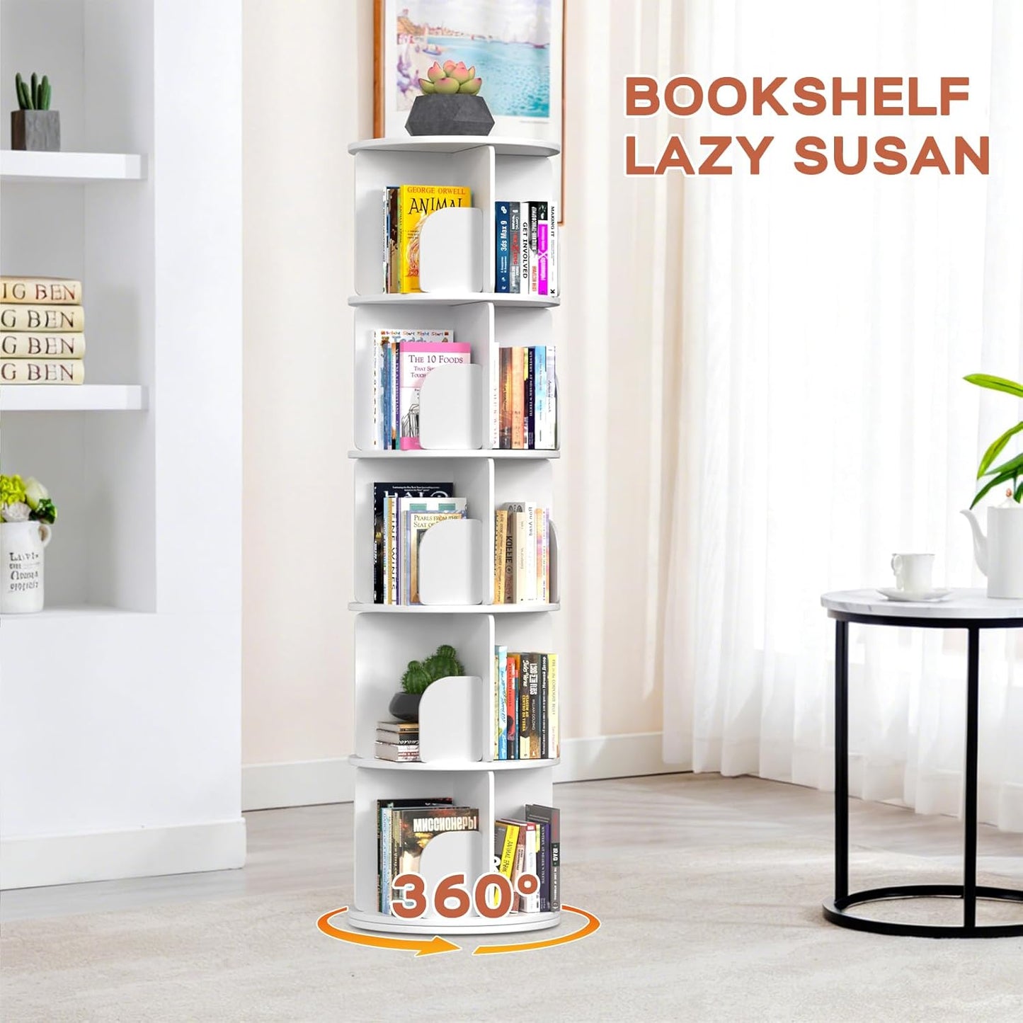 Kryonix Rotating Bookshelf, Spinning Bookshelf Tower 5 Tier, 360° Revolving Bookcase Lazy Susan, Multi-Functiona Corner Round Turning Book Shelf Organizer for Small Spaces(White)