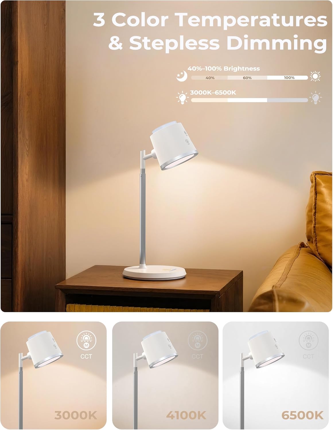 Modular LED Desk Lamp for Home Office, Eye-Caring Table Lamp Dimmable Rechargeable with 360°Adjustable Head, 3 Color Temperatures & Stepless Brightness, Touch Control & Memory, Multi-Scene Use, White