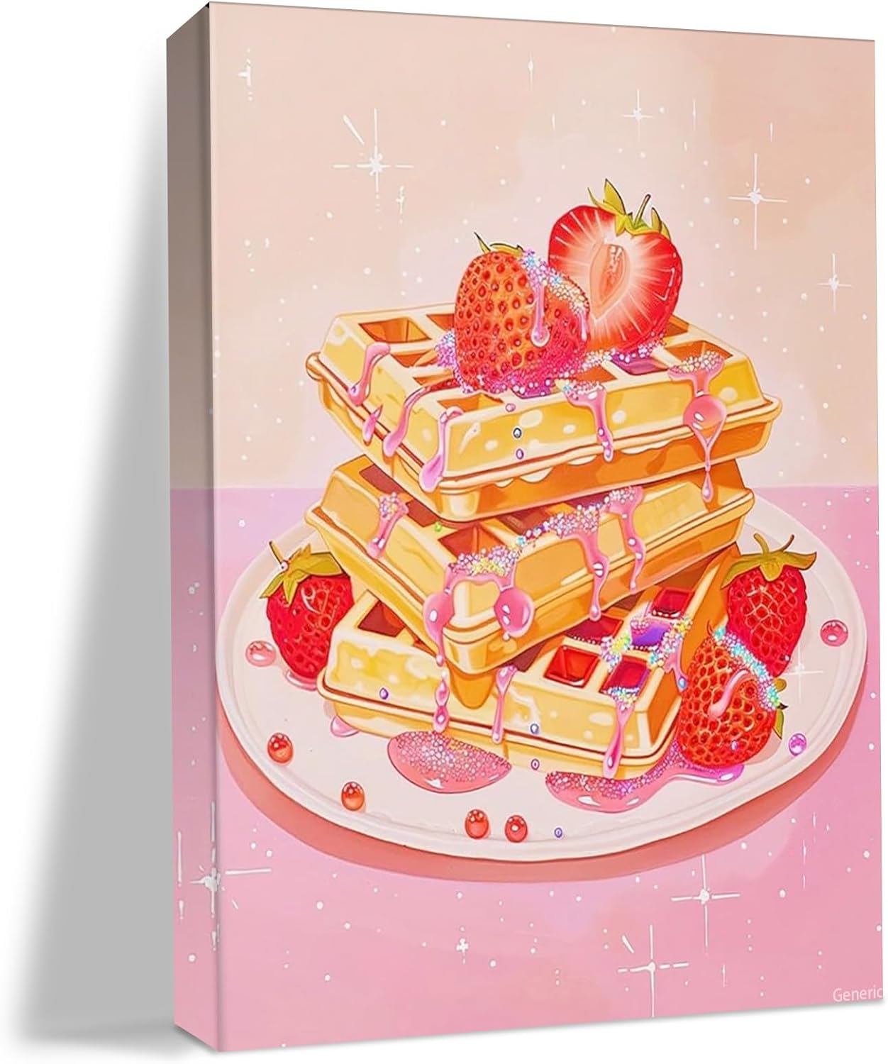 Pink Waffles Art Poster Strawberry Cake Canvas Painting Pink Wall Art Vintage Trendy Balletcore Decor Preppy Kitchen Wall Art Coquette Room Decor Aesthetics Poster Framed 8x10inch