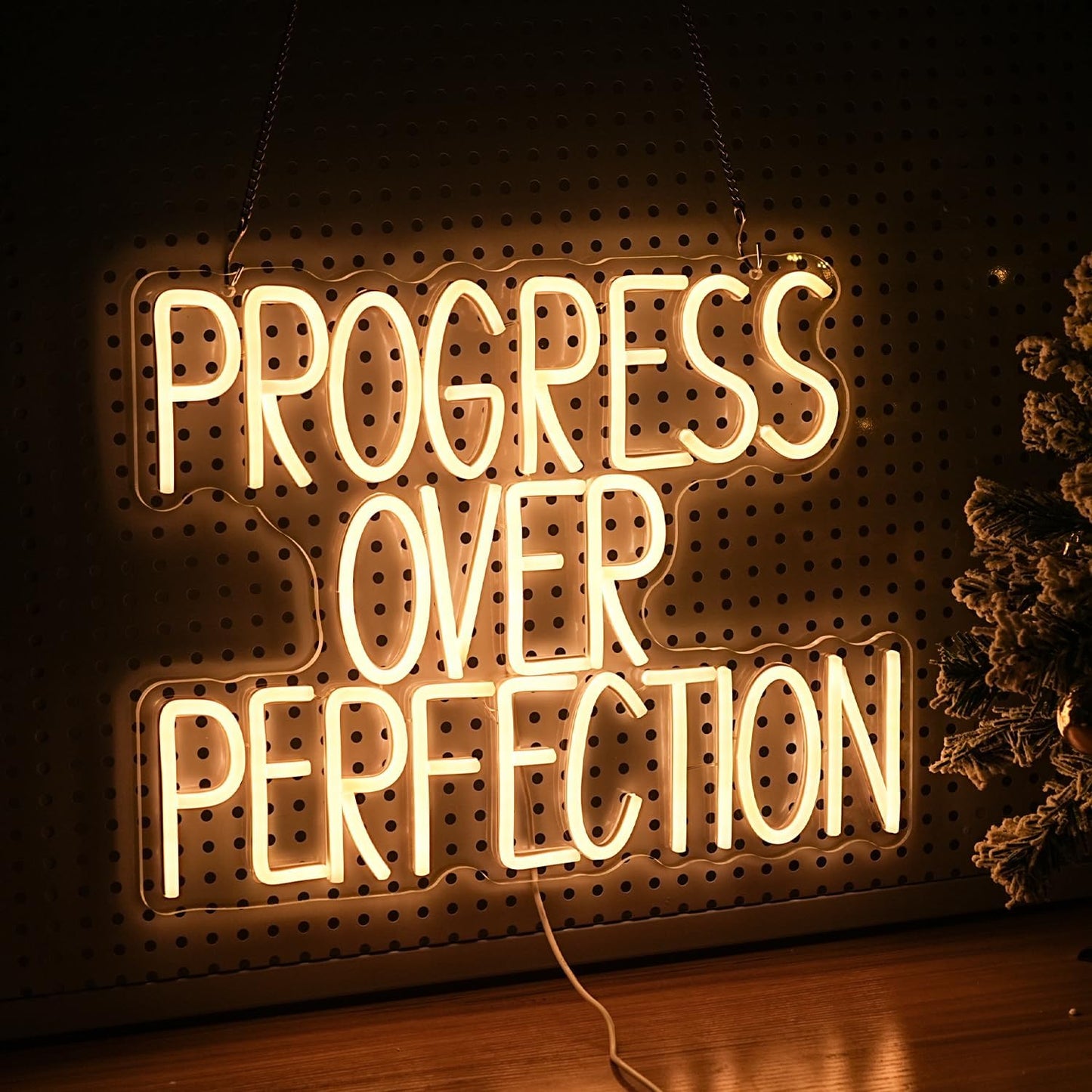 Progress Over Perfection Neon Sign for Wall Decor Dimmable Warm White Words Led Light Up Sign USB Powered LED Letters Neon Light for Classroom Bedroom Library Study Room(16.5 * 12.6In)