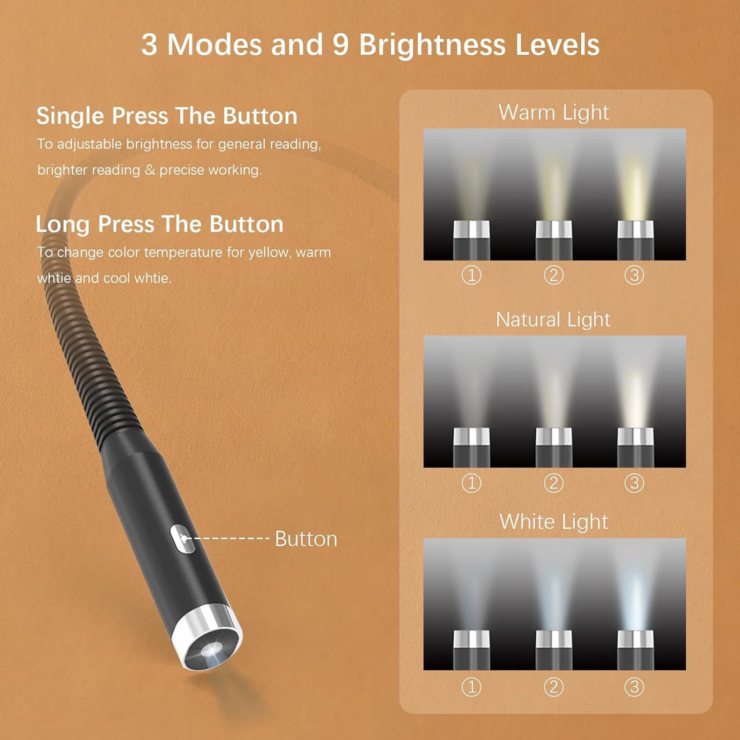 LED Neck Reading Light, 3-Color & 3-Brightness Adjustable Bendable Neck Light, USB Rechargeable Book Light for Reading in Bed, Knitting, Crochet, Camping, Working, Book Lovers Gifts (Black)