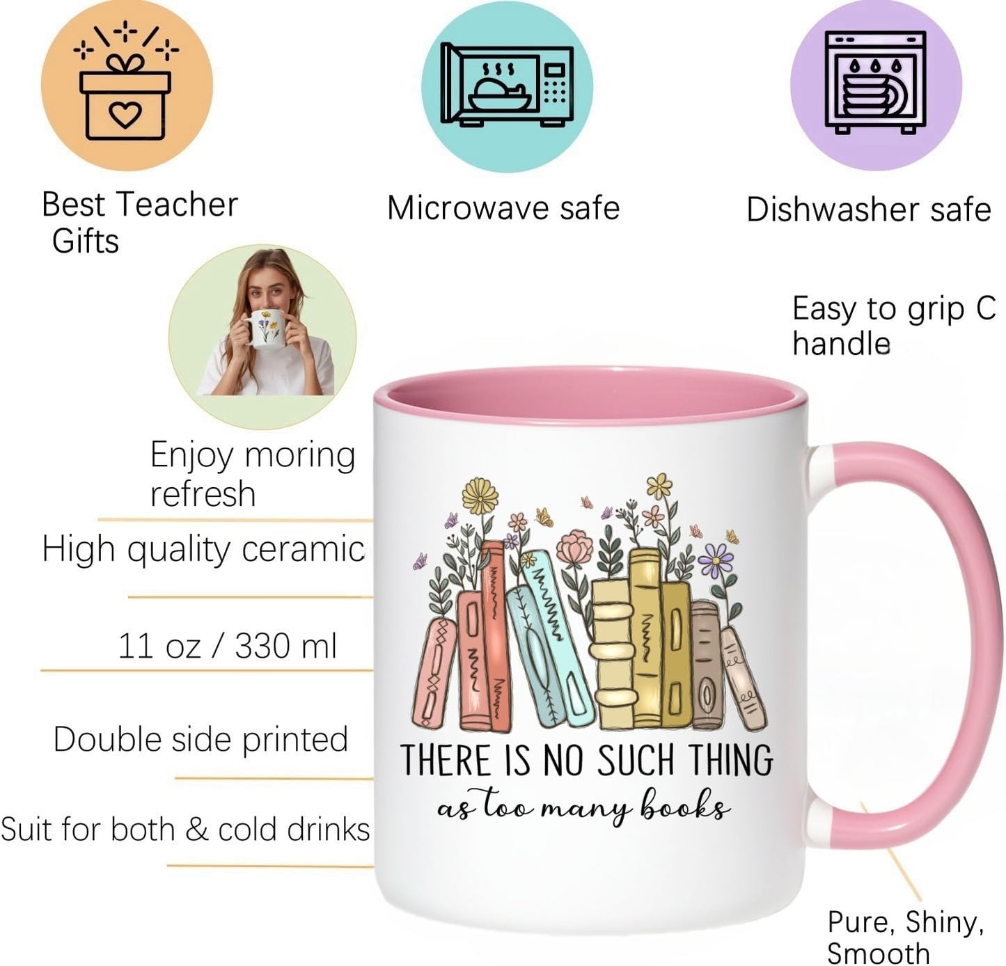 Book Lovers Ceramic Coffee Mug, 11 Oz, Modern, Reusable, Perfect for Book Lovers, Ideal for Reading, Gift for Bookworms