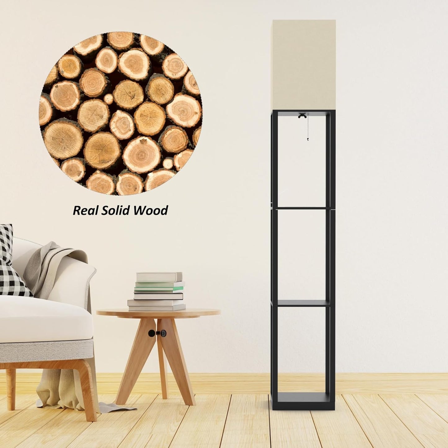 Floor Lamp with Solid Wood Shelves for Living Room, 3-Tier Shelf Standing Lamp with LED Bulb and Pull Chain Switch, Corner Display Bookshelf Lamp for Living Room and Bedroom(Black)