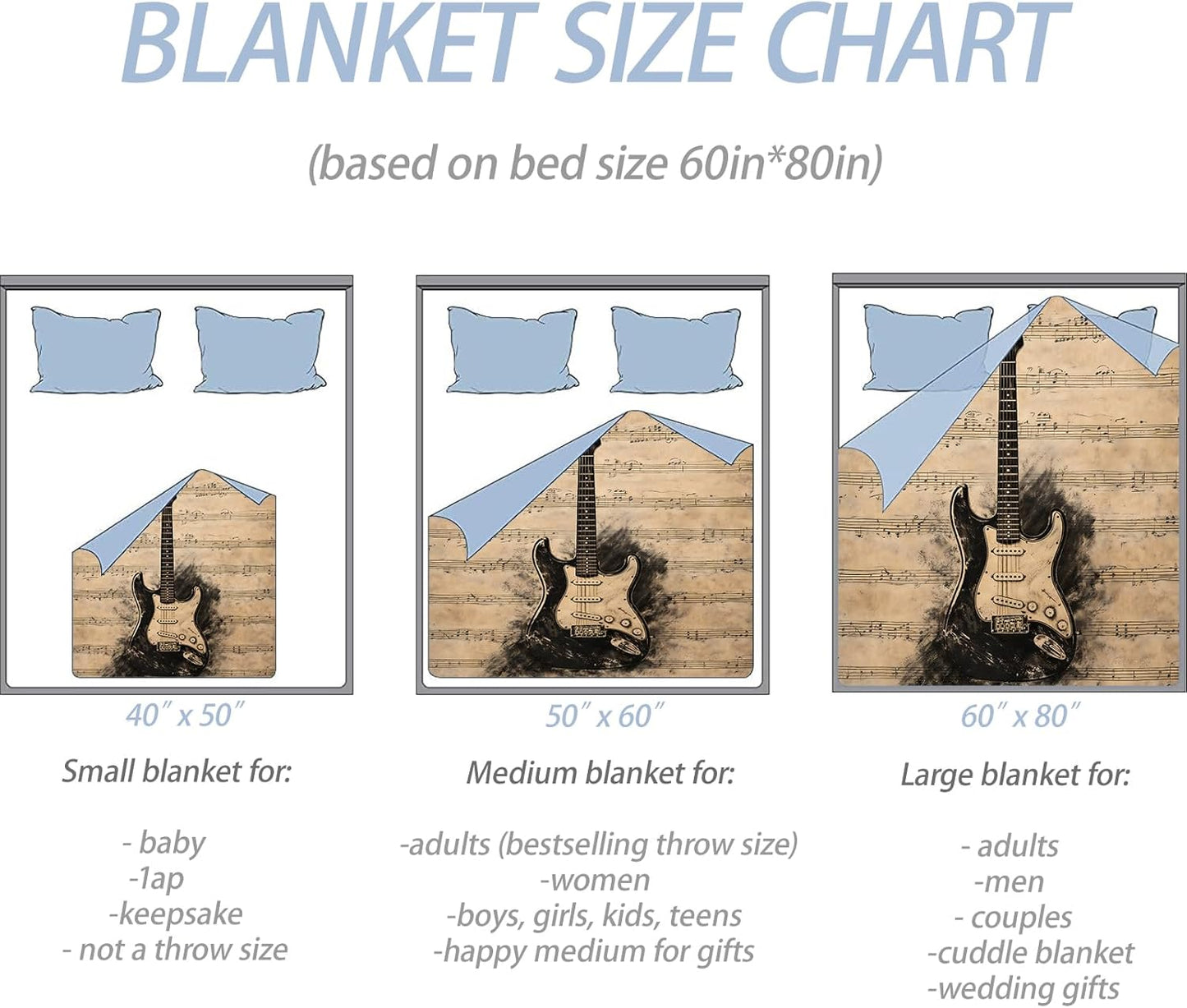 Vintage Electric Guitar Throw Blanket, Retro Musical Instrument and Sheet, Soft Flannel Fleece, 50x60 Inch, Couch Sofa Studio Room Blankets for Music Lovers, Cozy Musician Home Decor Gifts
