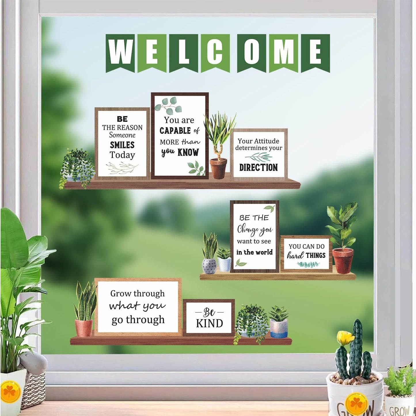 TOARTi Green Plants Wall Decals Motivational Classroom Wall Stickers Potted Plant Bookshelf Bulletin Board Decals Inspirational Quote Back to School Decoration