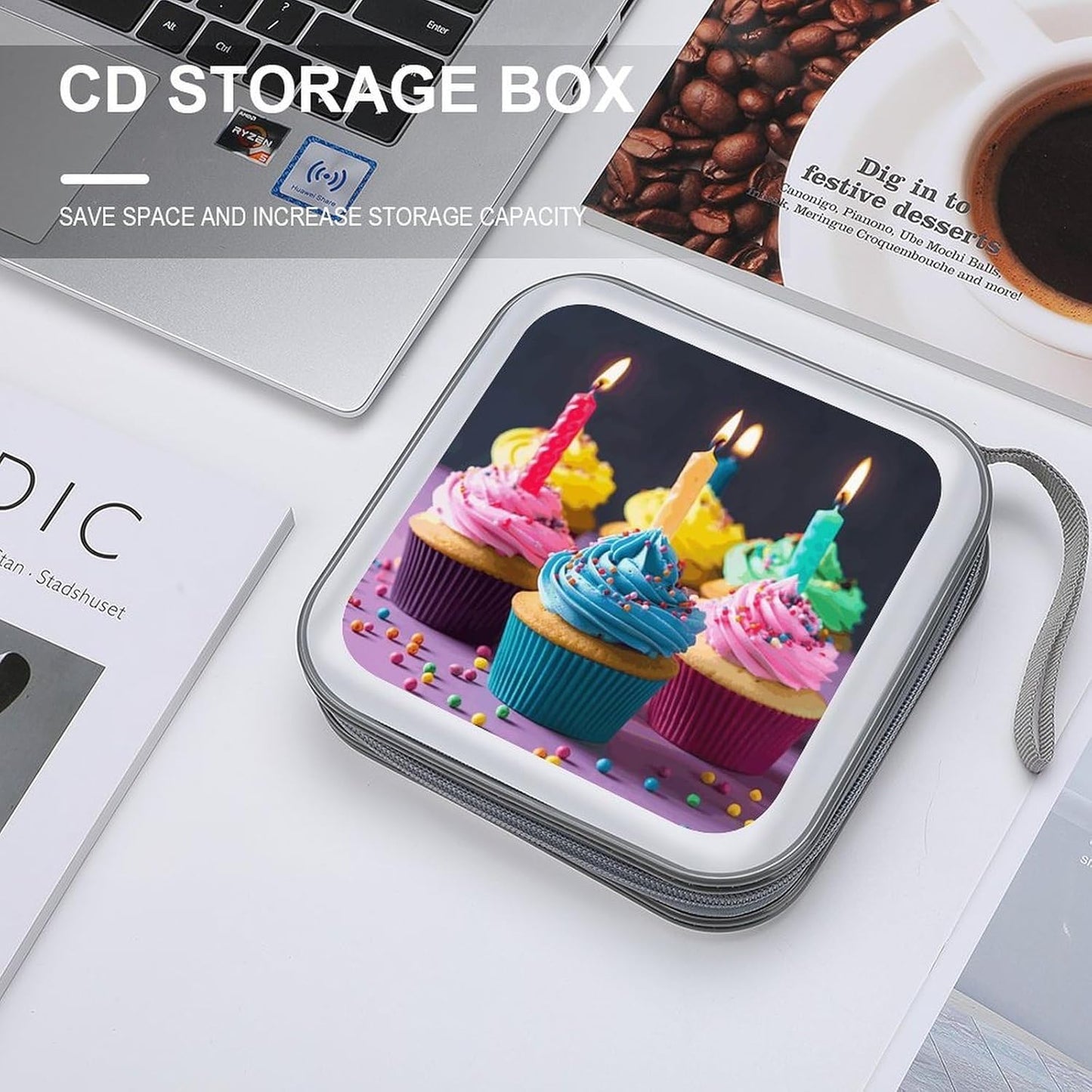 Colorful Happy Birthday Cupcakes CD Case 40 Capacity Case Zipper CD Collection Bag with Handles Cover DVD Storage Hard Plastic DVD Disc Cases Storage Binder for Car Home Office Travel