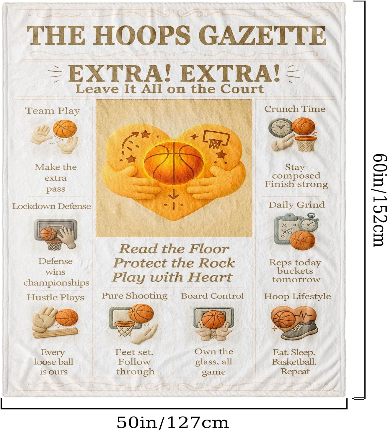 Basketball Blanket for Boys Bedroom Decor, 60x50 Soft Flannel Fleece Throw, Vintage Newspaper Style Sports Blanket, Cozy Gift for Kids & Teens