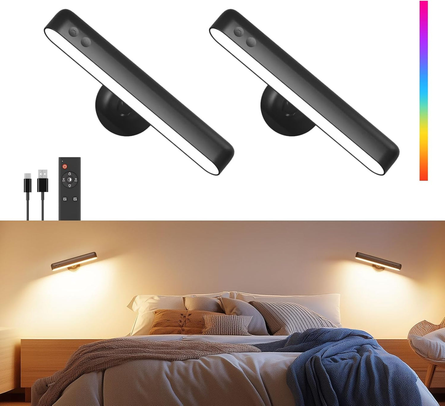 Rechargeable 7500mAh Battery Operated Wall Sconces for Bedroom,LED Wall Lights with Remote Control and Touch,360° Rotation,3 Colors Temperatures Dimmable Black Wall Lamps with 15 RGB Colors,2 Pack