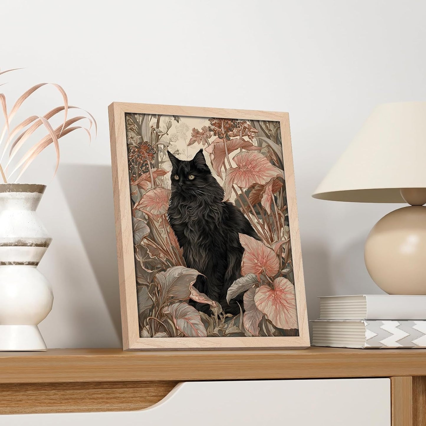 Leaf&Lore Framed Black Cat Botanical Wall Art – Vintage Floral Cat Canvas Painting with Solid Wood Frame & Acrylic Cover, Elegant Nature Picture Prints for Living Room Home Decor12x16IN