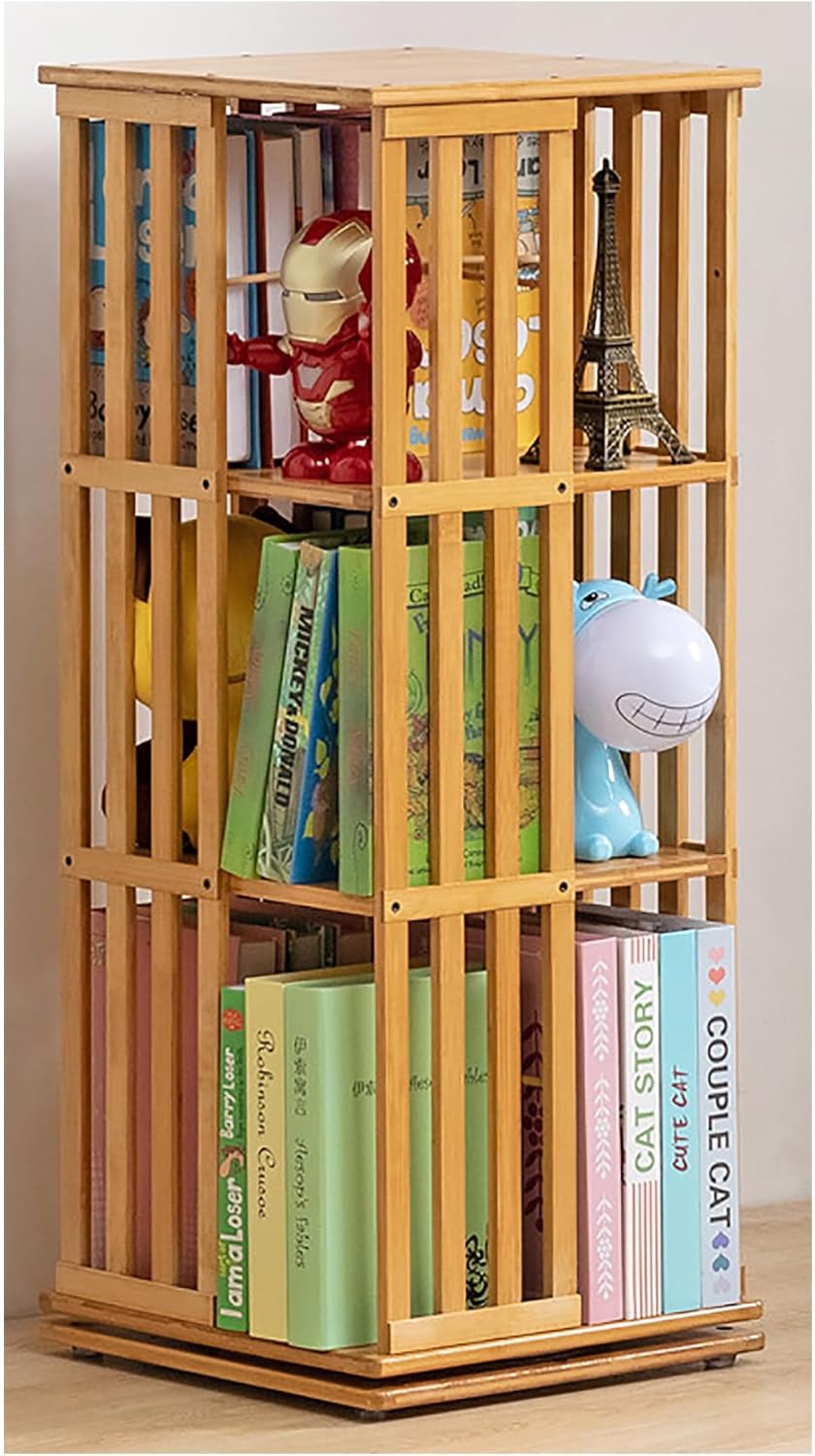 Mobile Storage Rack Freestanding Display Rack Tool Pegboard Garage,Solid Wood 360 Rotating Bookshelf Tower with Swivel Display Rack Bamboo Storage Shelves for Living Room Vertical Bookcase S