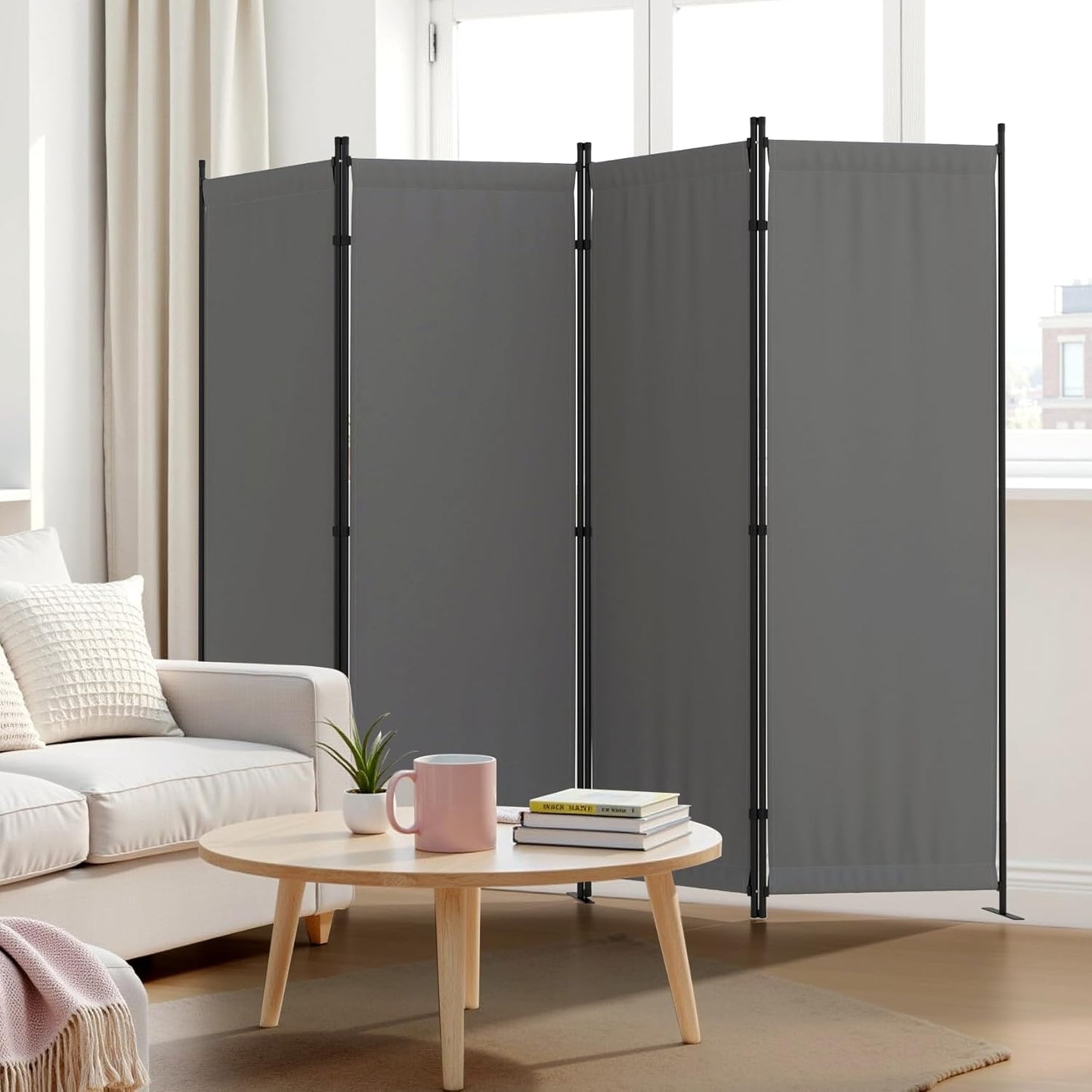 Privacy Screen Room Divider as Dressing Screen 4 Panel Wall Room Divider with 3 Wider Feet Portable Wall 6FT Partition Wall for Office Dining Room Children's Separate Rooms,Grey