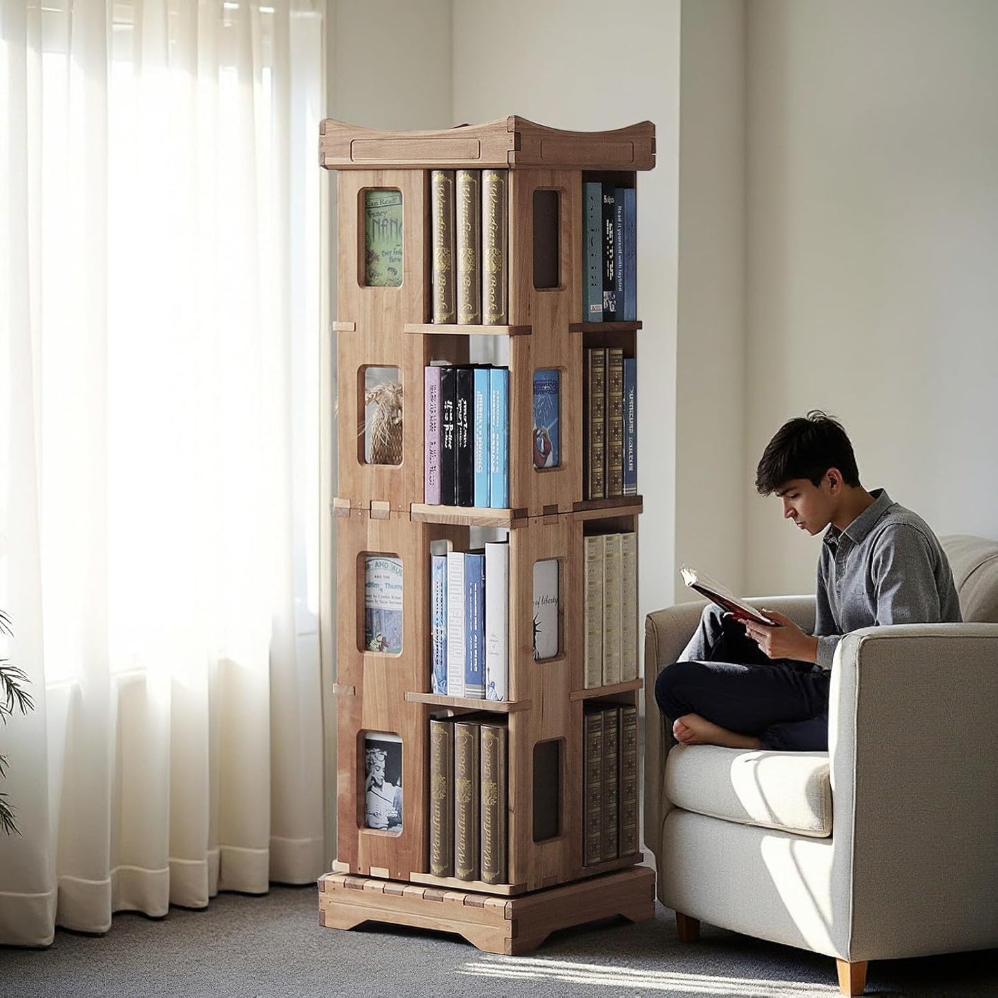 Wooden Rotating Bookshelf, Larger Solid Wood Revolving Bookcase,360°Spinning Book Shelf Tower,Floor Standing Storage Rack,Corner Organizer for Small Space,Study,Office,17"x17"x44"(3-Tier)