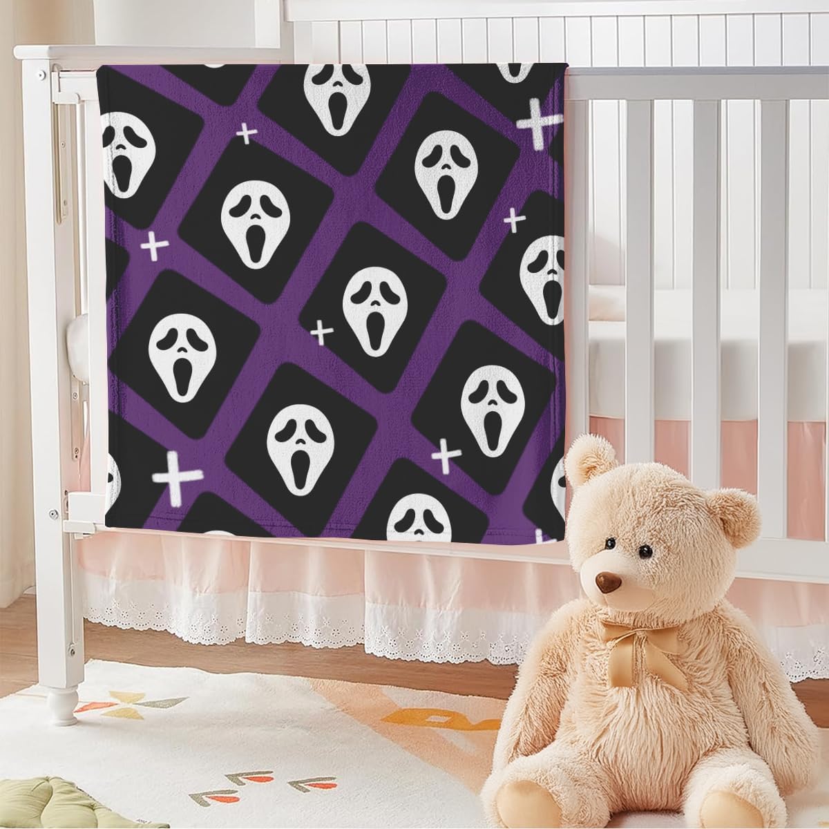 Spooky Face Throw Blanket, Purple and Black, Halloween Ghost Blankets Fuzzy Gifts for Sofa Couch Bedroom (60 x 80 inch)