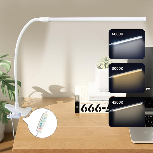 Desk Lamp with Clamp, Long Flexible Arm Clip on Lamp for Kids Reading in Bed, Easel, Make Up, Sewing Craft, Nail Tech Lamp, 3 Color Modes & 10 Brightness Levels
