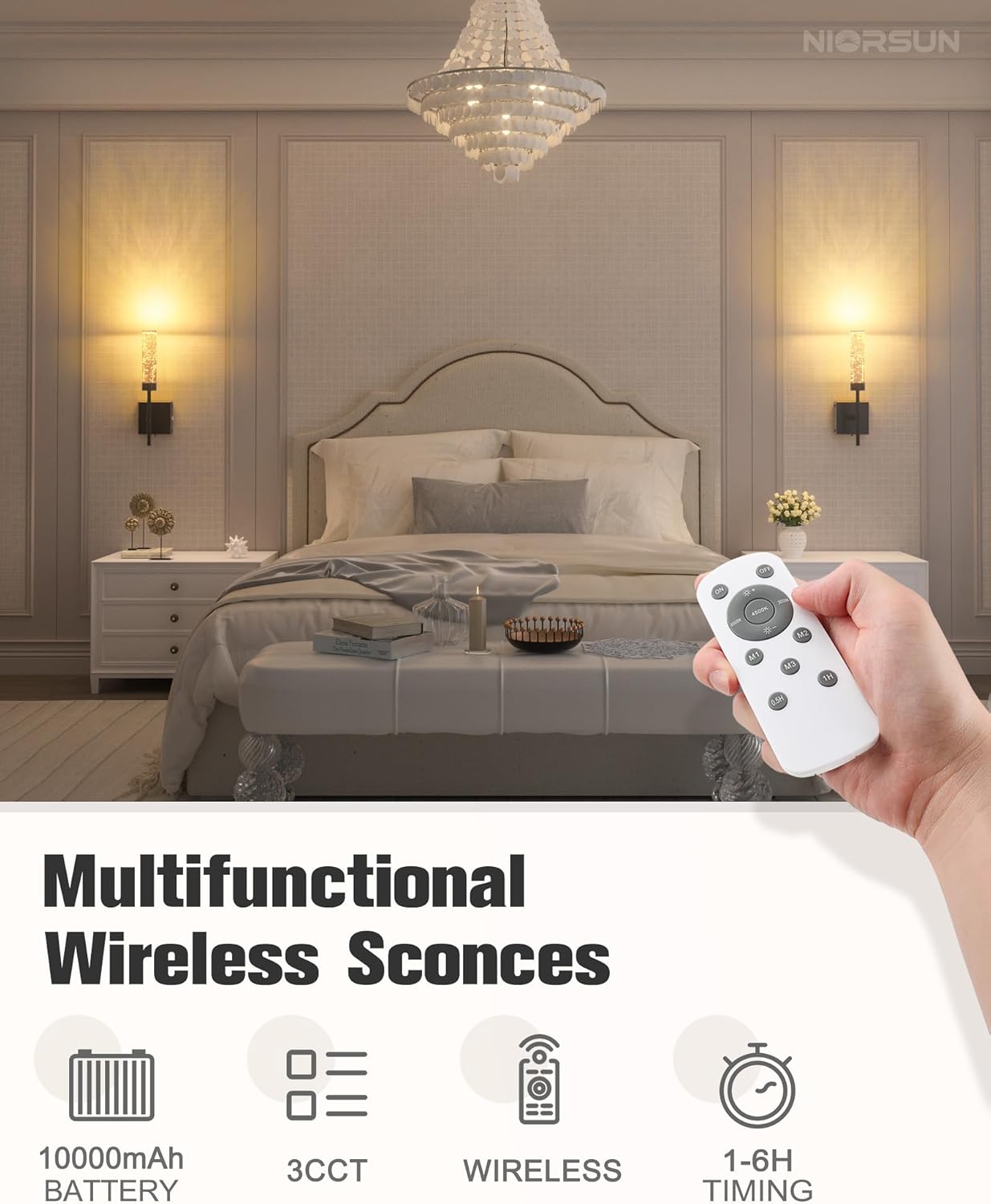 NIORSUN Crystal-Inspired Bubble Wireless Wall Sconces, 10000mAh Battery Operated Wall Sconces Set of 2, 3 Color Temps Rechargeable Wall Lights with Remote, Dimmable Wall Lamp for Living Room Bedroom