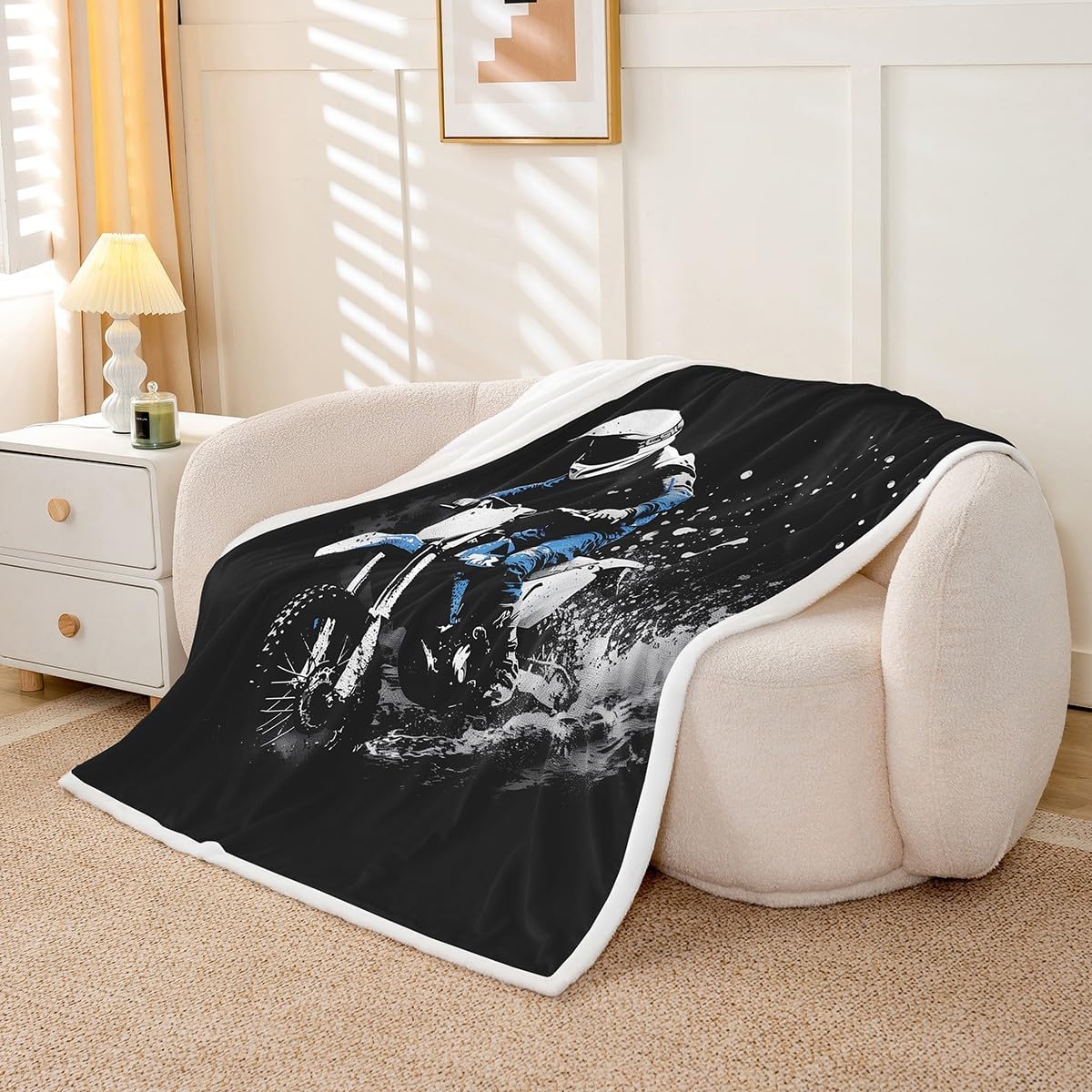 Feelyou Dirt Bike Fleece Throw Blanket Twin 60"x80" Racing Themed Sherpa Blanket Ultra Soft Racing Motocross Rider Plush Blanket for Bed Sofa Couch Motorcycle Fuzzy Blanket Motorbike Flannal Blanket