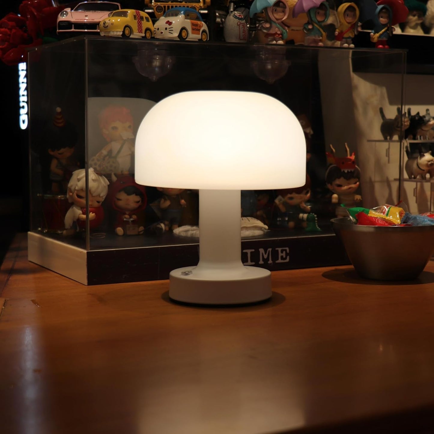Small Mushroom Table Lamp, Cordless Night Light with 2600mAh Rechargeable Battery, Stepless Dimming Desk Lamp with 3 Colors for Bedroom/Patio/Living Room (White-1)