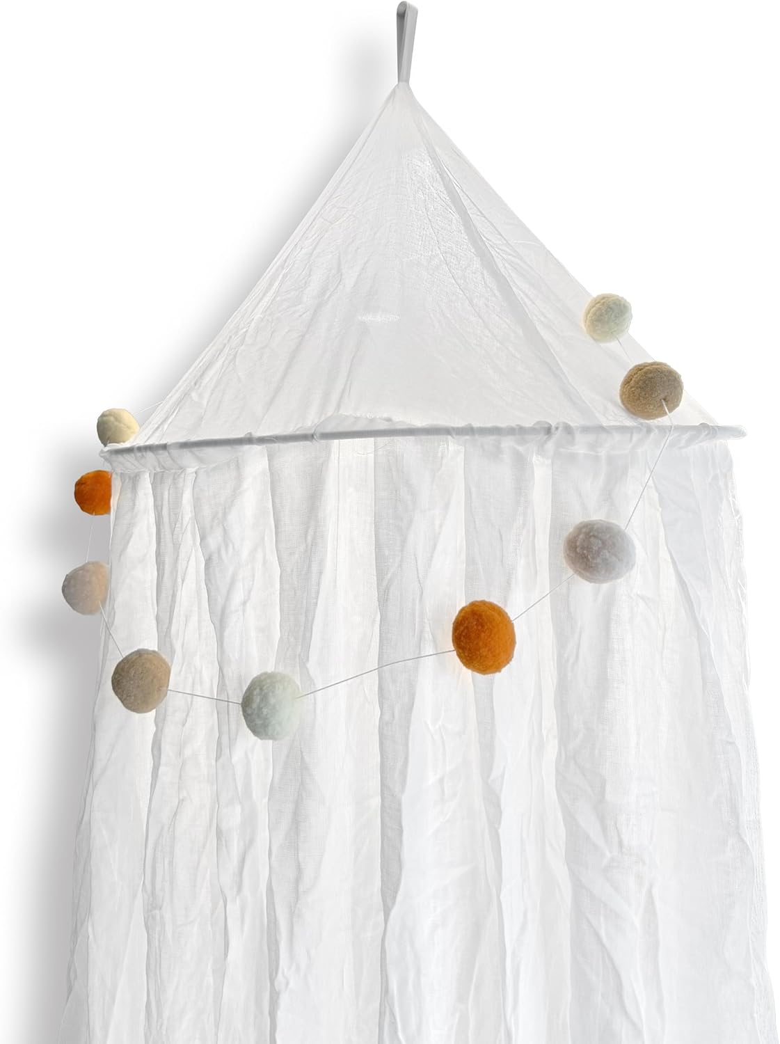 100% Cotton Kids Bed Canopy for Child Bedroom | Pom Pom String Accessory & Nursery Crib Hanging Curtain | Mosquito Net Bedding for Girls Play Room Decoration | Reading Nook Canopies Toddler Dome Tent