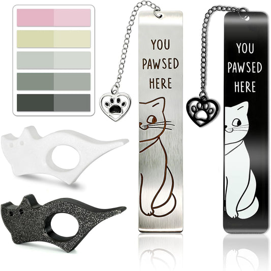 Cat Bookmark Set, Metal Cute Book Page Holder with Thumb Design & Index Tabs, Hands-Free Reading Accessories, Perfect Gift for Book Lovers