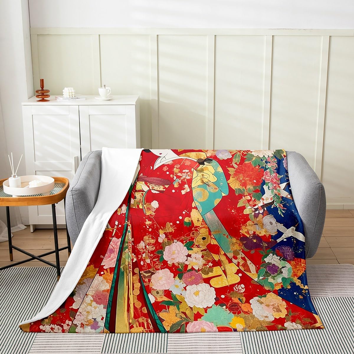 Japan Geisha Girls Flannel Fleece Blanket Throw 50"x60" for Kids Adults Women Japanese Style Floral Flower Plush Throw Blanket Japanese Ukiyoe,All Season for Bed Sofa Couch Hokusai Pattern