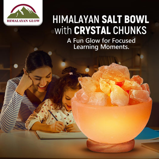 Himalayan Glow Massage Bowl Lamp with Natural Salt Crystal Chunks, Dimmer Cord with Classic Wood Base - Natural Crystal Salt Lamp with Mood Lightening and Night Light