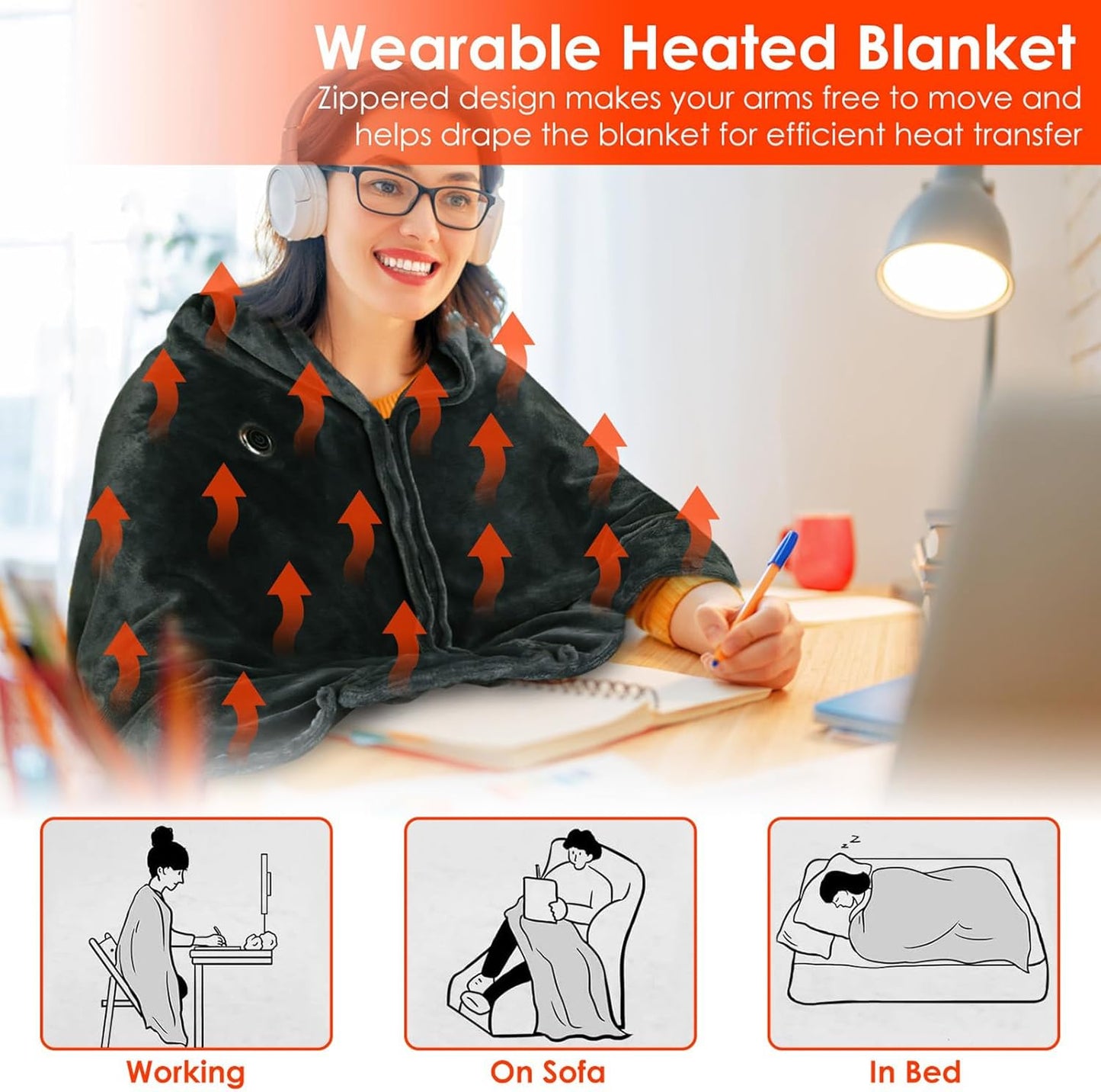 USB Heated Blanket Electric Throw, 59" x 31" Electric Heated Shawl Poncho Wrap Blanket with Zipper, Soft Cozy Flannel Gift Wearable Blanket for Car Office Home Travel, Standard