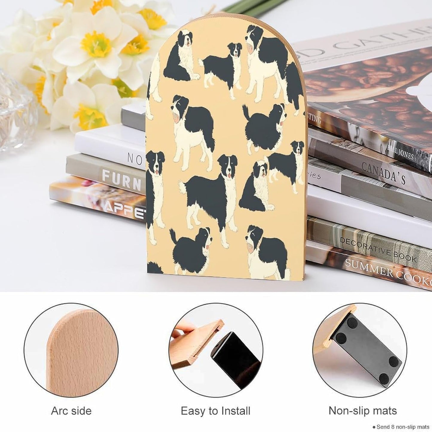 Border Collie Pattern Bookends 1 Pair Heavy Duty Book Ends for Shelves Non-Skid Bookend Supports Wooden Book Holders with Metal Base Desk Organizers Books Storage to Hold Books