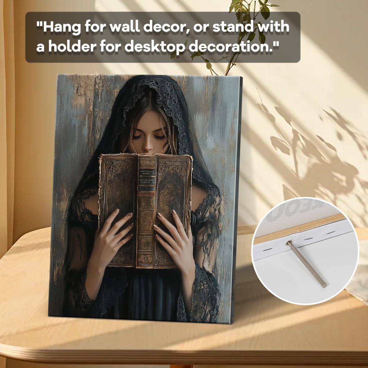 Dark Academia Wall Decor – 12x15 Inch Laminate Print of Woman Reading Antique Book – Vintage Gothic Art for Bedroom, Living Room, Office – Hanging & Table Display with Accessories