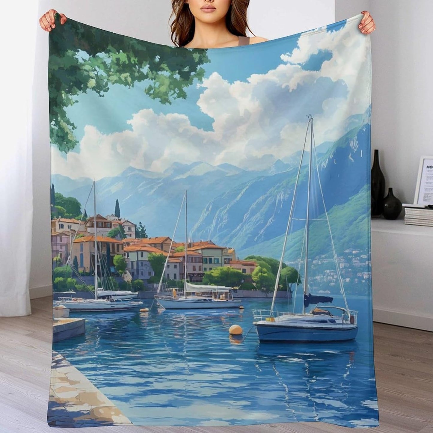 Italy Lake Como Boat Throw Blanket for Couch Bed Plush Cozy Fuzzy Flannel Blanket for All Season 55"x70"