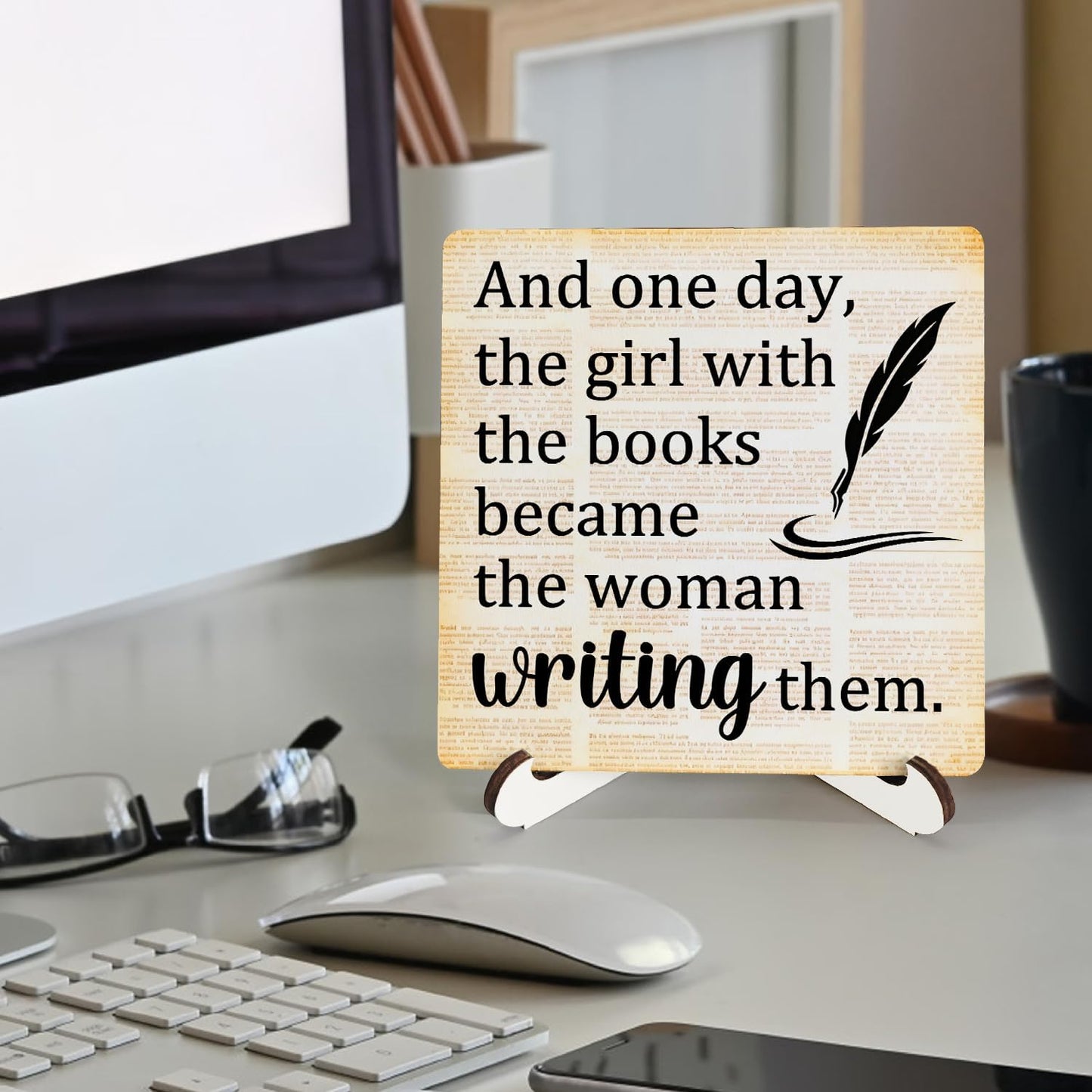 Writer Gifts Wooden Stand Sign 5x5 Inch, the Girl with the Books Became the Woman Writing Them Wood Plaque Sign for Writing Room Office Workshop Desk Table Shelf Counter Decorations