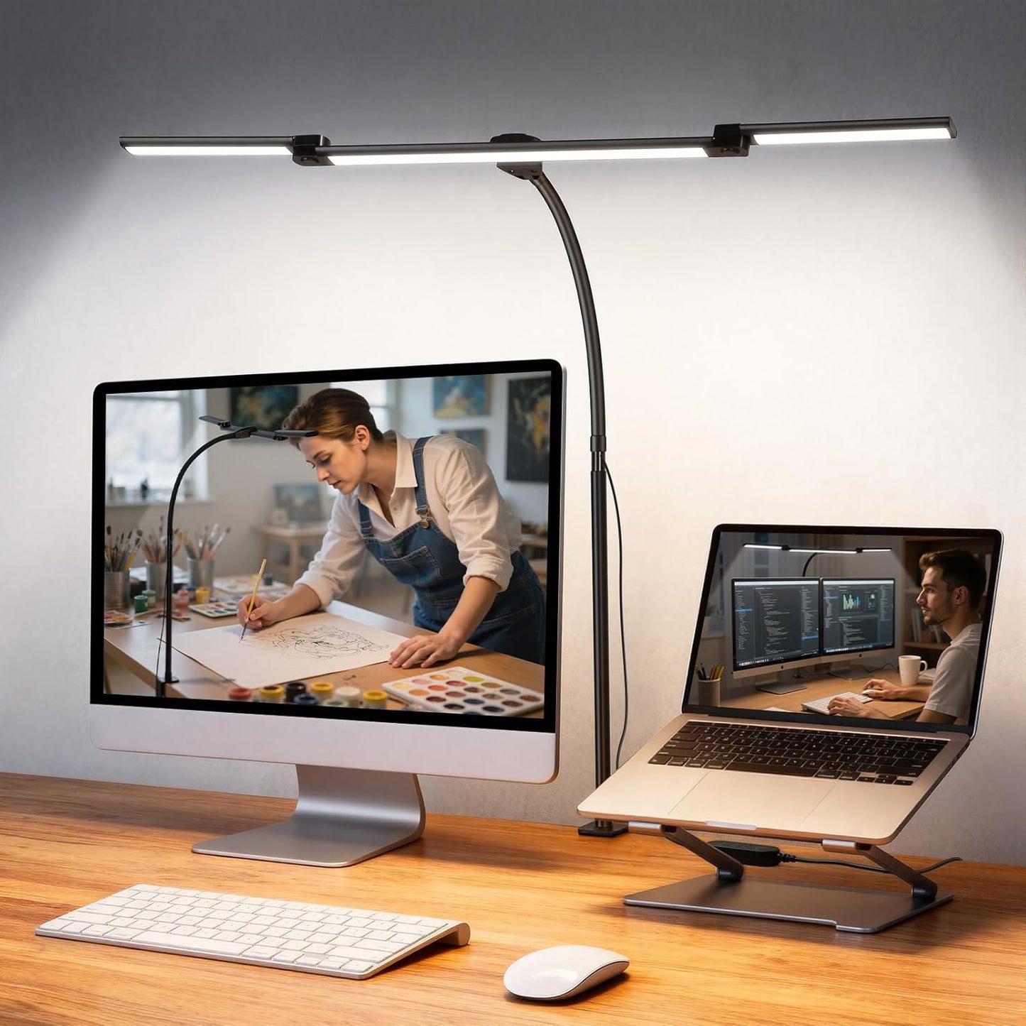 LED Desk Lamp for Office Home, Eye Caring Clip on Desk Light with Clamp, Architect Task Lamp Stepless Dimming, Computer Monitor Table Lamp 3 Head Adjustable Desk Lamp for Reading Study Workbench Black