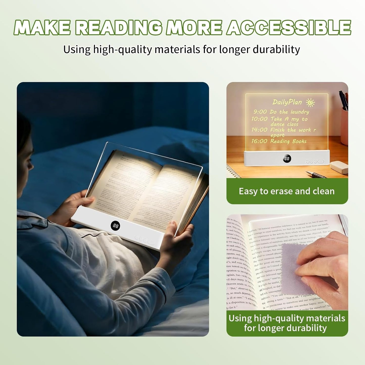 Book Light, Rechargeable Clear LED Flat Book Lights with 3 Colors & Timer, USB Rechargeable Reading Light, Dimmable Panel Plate Lamp Book Full Page Light, Funny Gifts for Readers Kids Women Men(White)