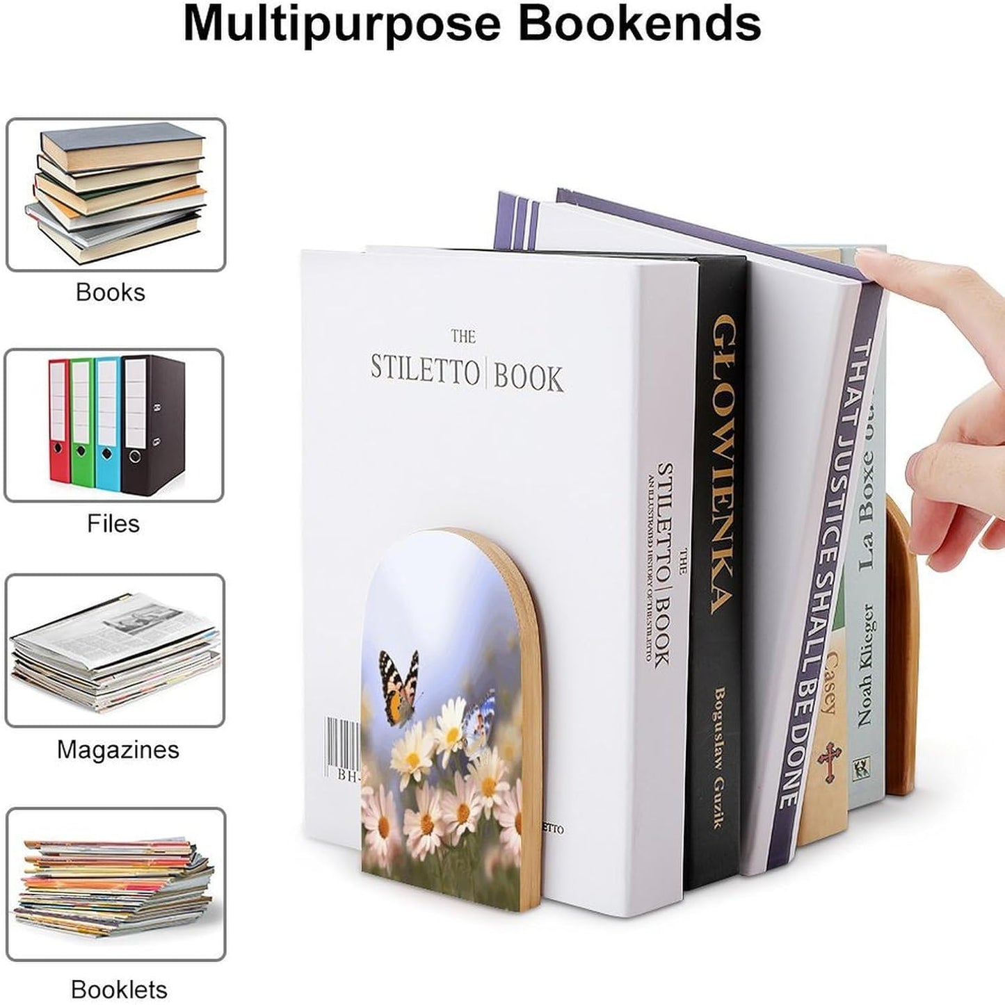 Butterfly Daisy Bookends 1 Pair Heavy Duty Book Ends for Shelves Non-Skid Bookend Supports Wooden Book Holders with Metal Base Desk Organizers Books Storage to Hold Books