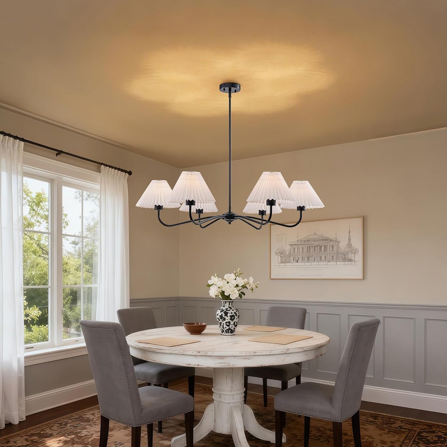 35.8'' Modern Farmhouse Chandelier with White Pleated Fabric Shades, 6-Light Black Hanging Pendant Light Fixture for Dining Living Room Kitchen Island Bedroom Foyer E26 Base