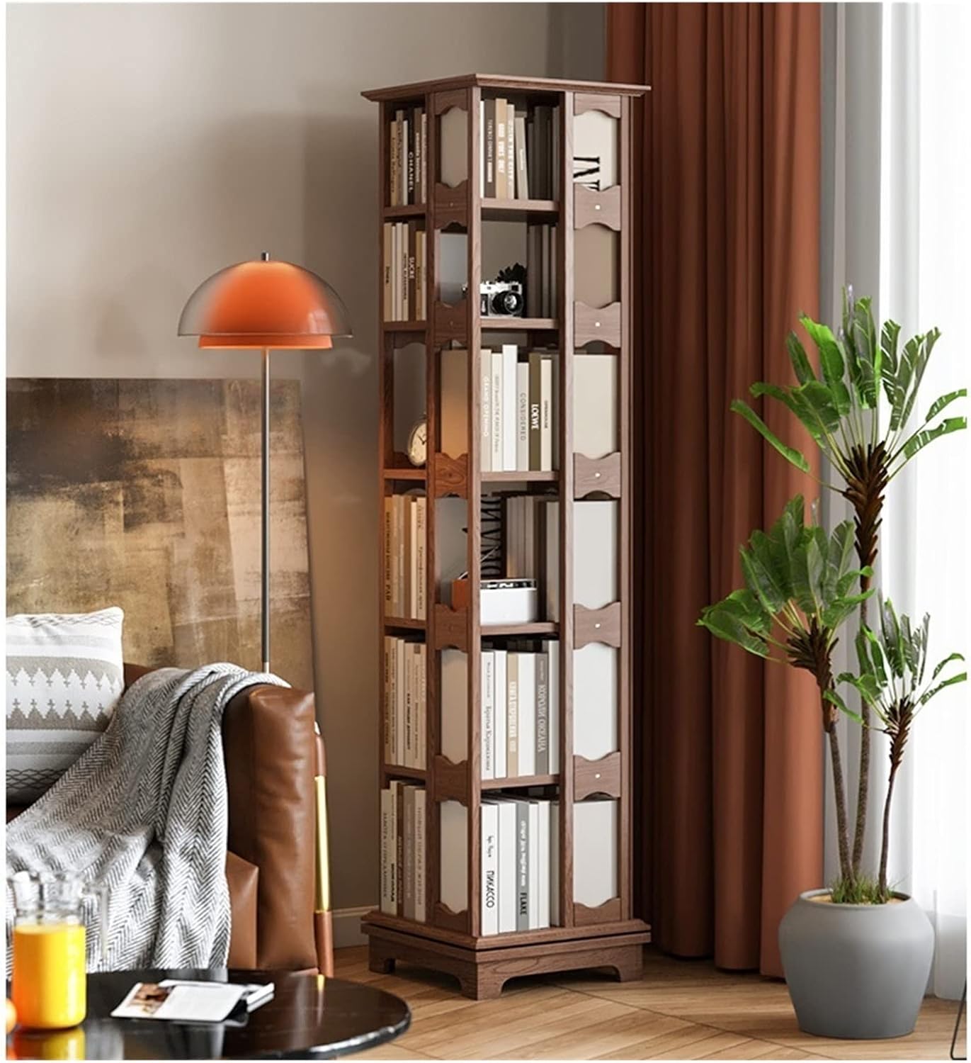 All Solid Wood Rotating Bookshelf, 360-degree Bookcase Floor Creative Storage Shelf for Home Living Room MINGPING (Size : 44x44x139cm Walnut Color) ()