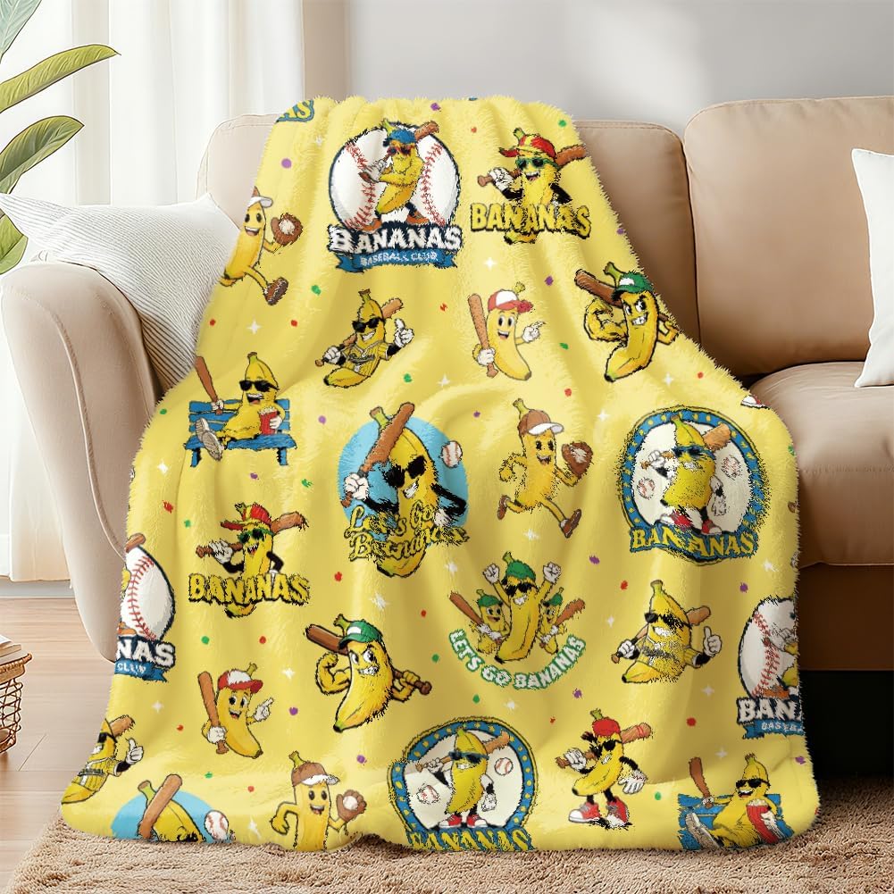 WADORN Banana Baseball Throw Blanket, Cozy Soft Funny Banana Throw Blanket Fuzzy 500GSM Flannel Fleece Blankets Plush Cute Bananas Lover Gifts for Office Living Room Sofa Bed Couch Chairs, 59x51”
