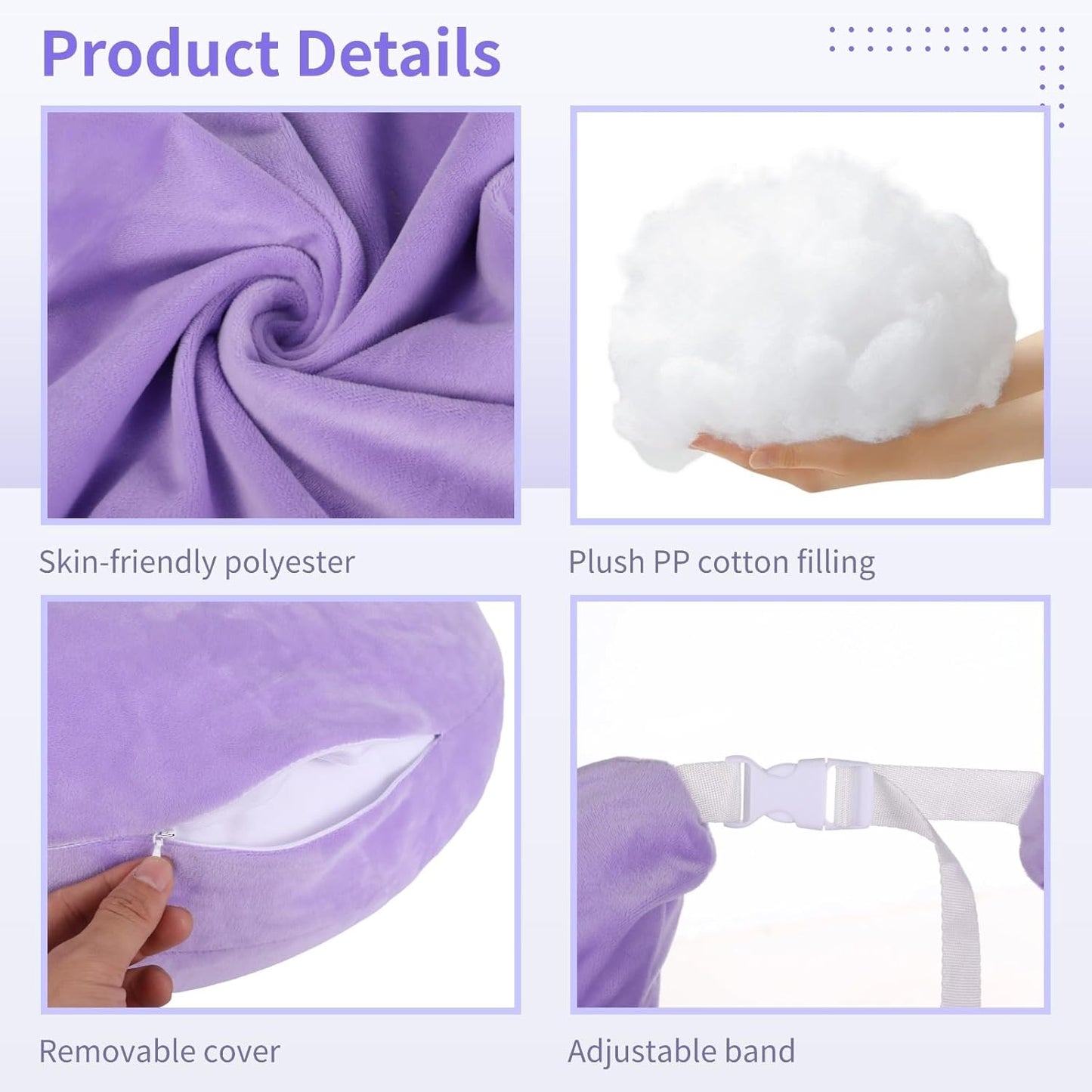Violet U-Shaped Reading Pillow, 23.6 x 21.7 in Lap Support Pillow with Adjustable Strap, Crescent Design, PP Cotton Filling, Reading, Gaming, Arm, Back Support