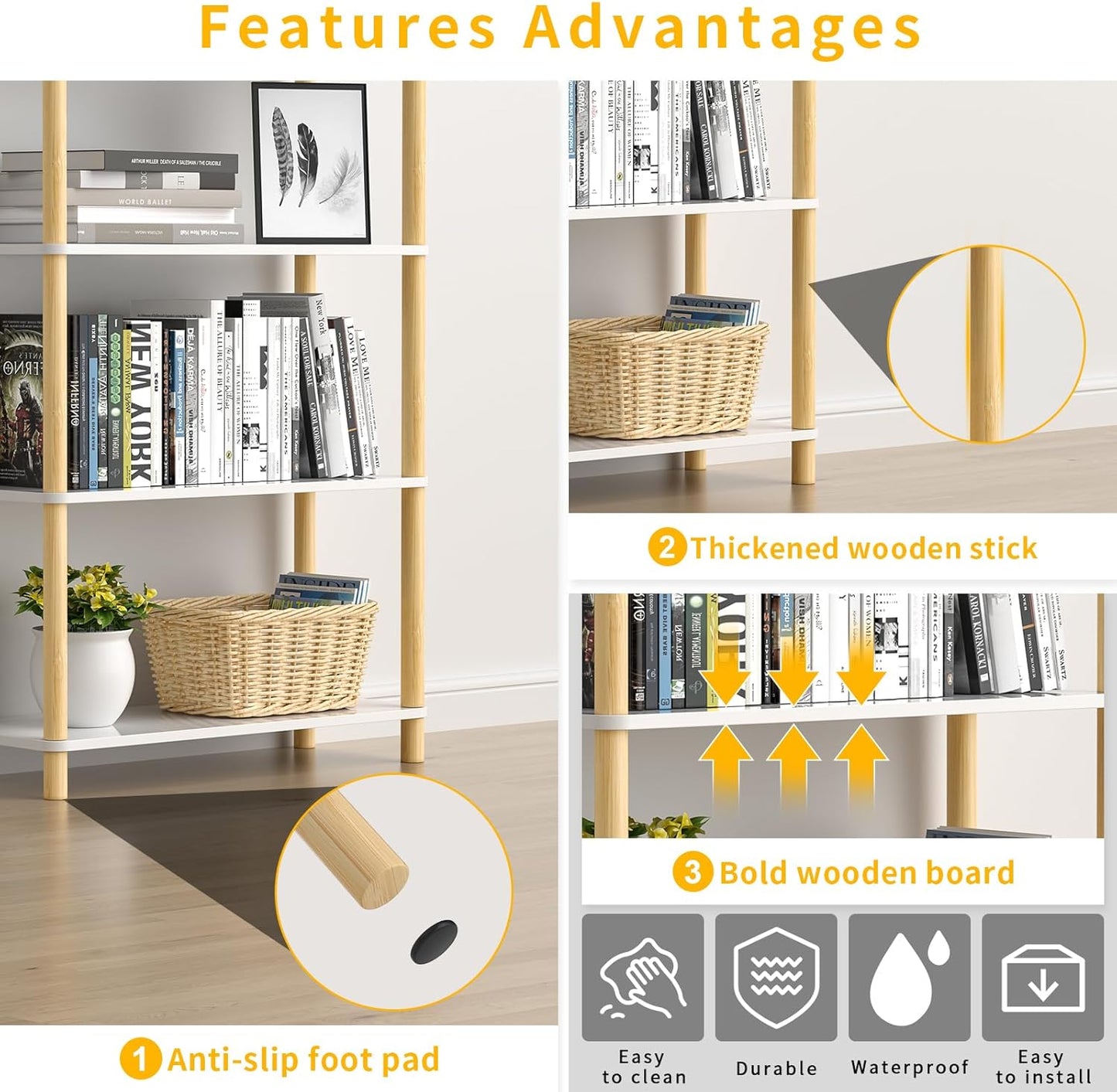 4-Tier Wooden Bookcase - Modern Freestanding Bookshelf, Multifunctional Display Shelf for Home and Office, White, Rectangular Design