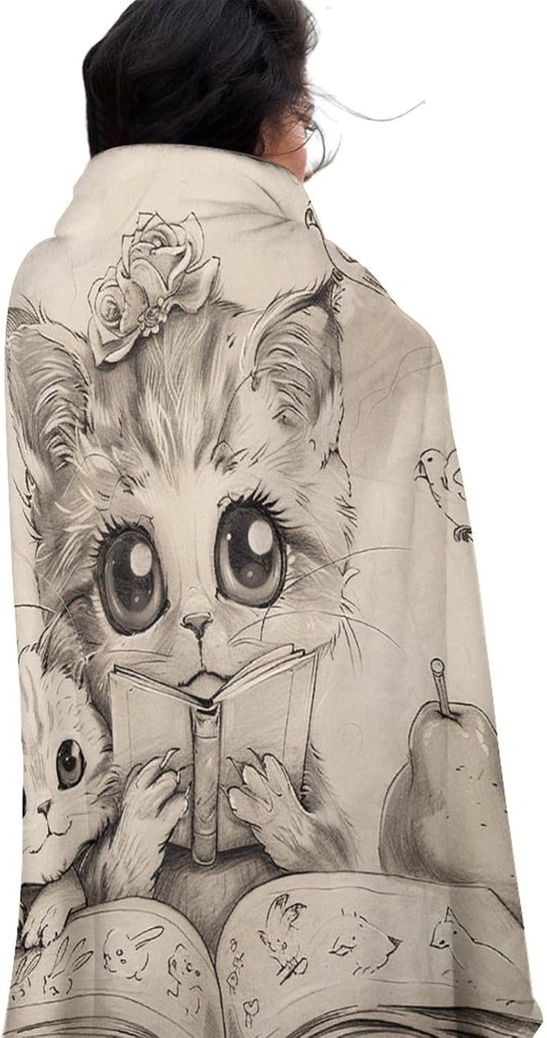 Ultra-Soft Micro Fleece Blanket Cat Reading with Friend Throw Blanket Lightweight Flannel Fuzzy Blanket 59" Soft Cozy Air Conditioning Quilt Warm Throw Blanket All Seasons for Bed Couch Living Room So