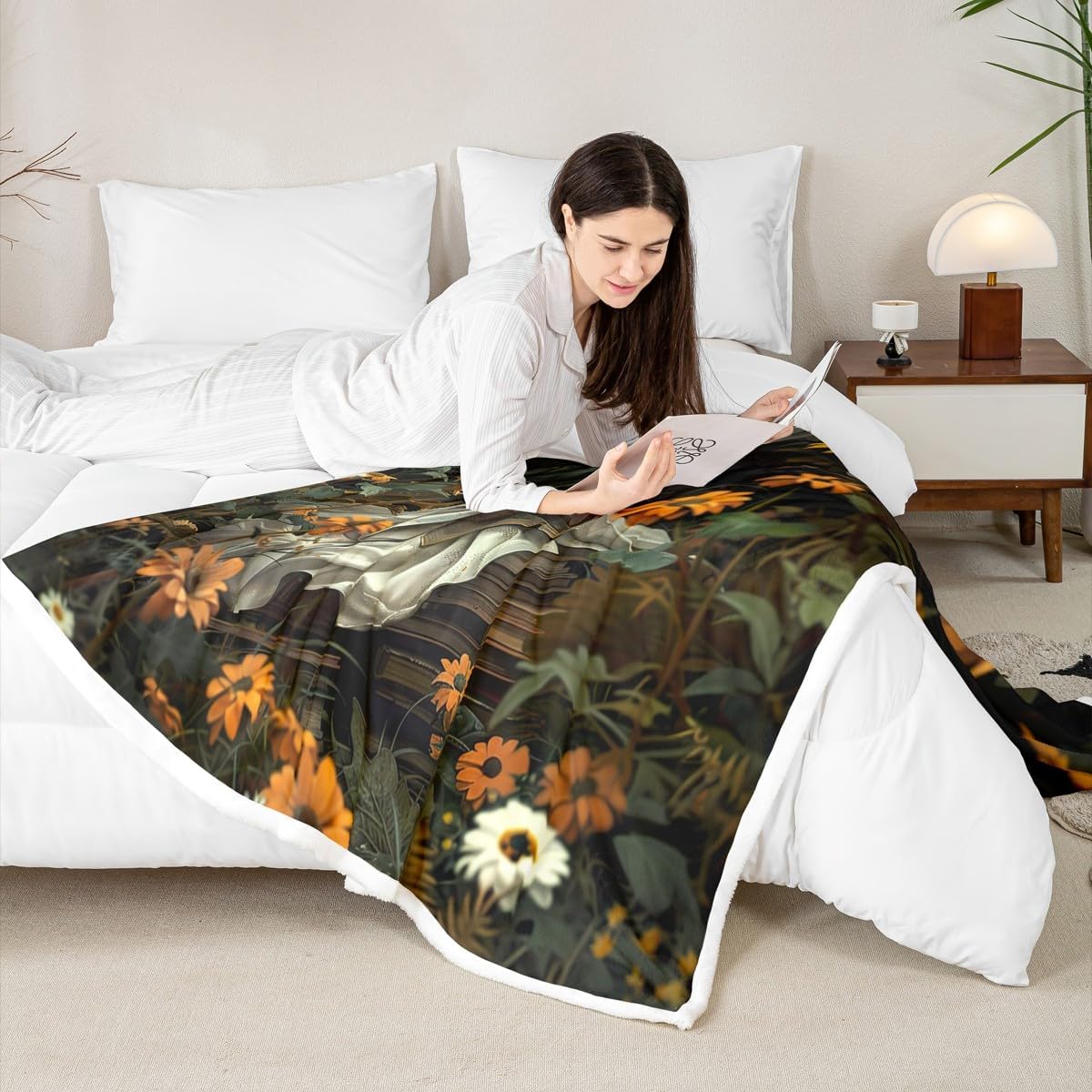 Halloween Ghost Throw Blanket,Mystic Book Reading Skull Bed Plush Blanket for Living Room Decor,Vintage Floral Plants Couch Bed Sofa Soft Cozy Kids Adults Teen Fleece 50"x60"
