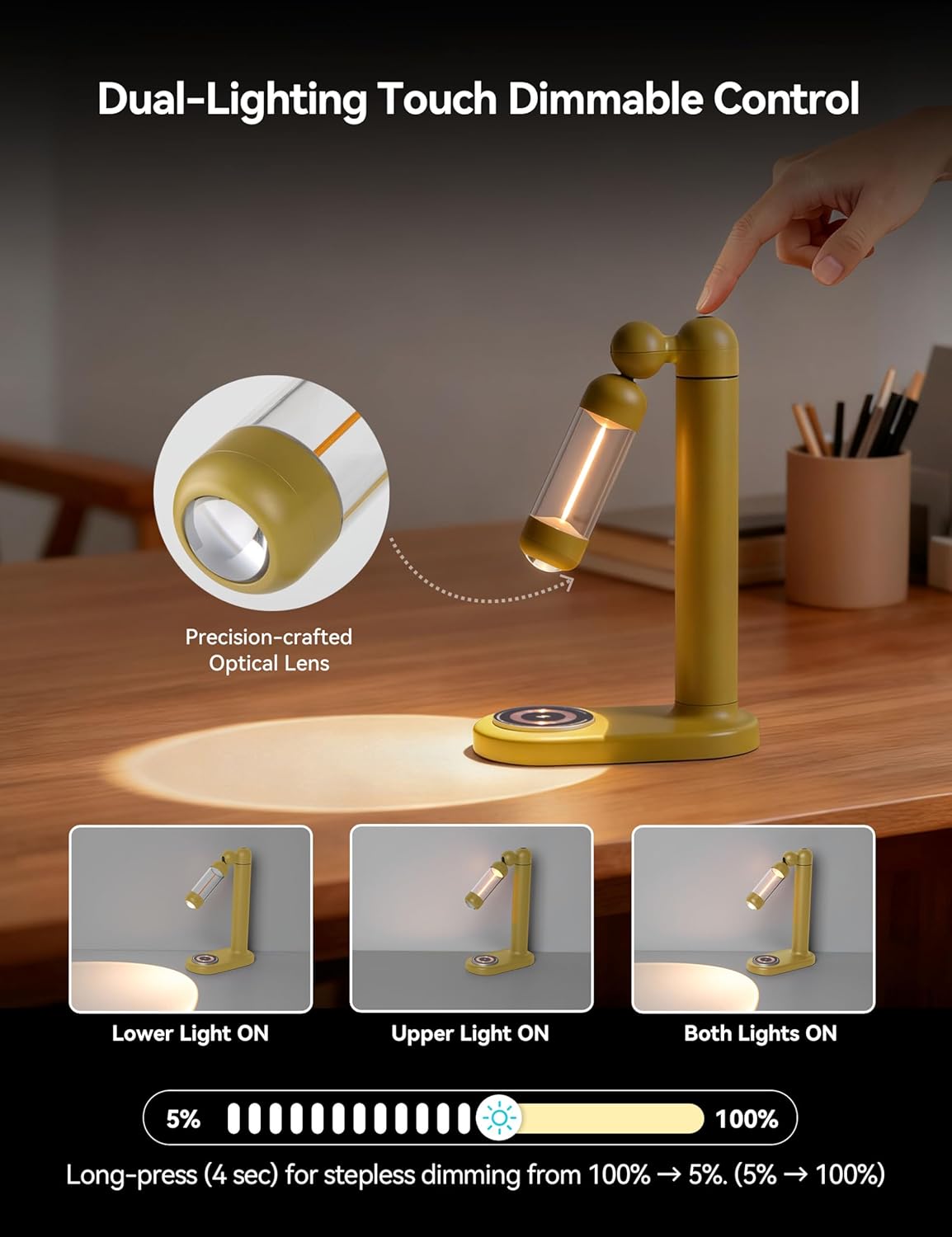 Tubicen Table Lamp Flexible Focus Spotlight Desk Light with Wireless Charger Station 3000mAh Battery Rechargeable Cordless Nightstand Reading Lamp Rotatable Dimmable Modern LED Desk Lamp Yellow