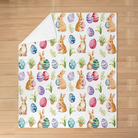 Manfei Happy Easter Flannel Blanket Cute Rabbit Colorful Egg Throw Blanket Watercolor Flower Leaf Cozy Throws for Bed Couch Sofa,Kids Boys Girls Room Decor,Soft and Breathable(30 x 40 Inches)