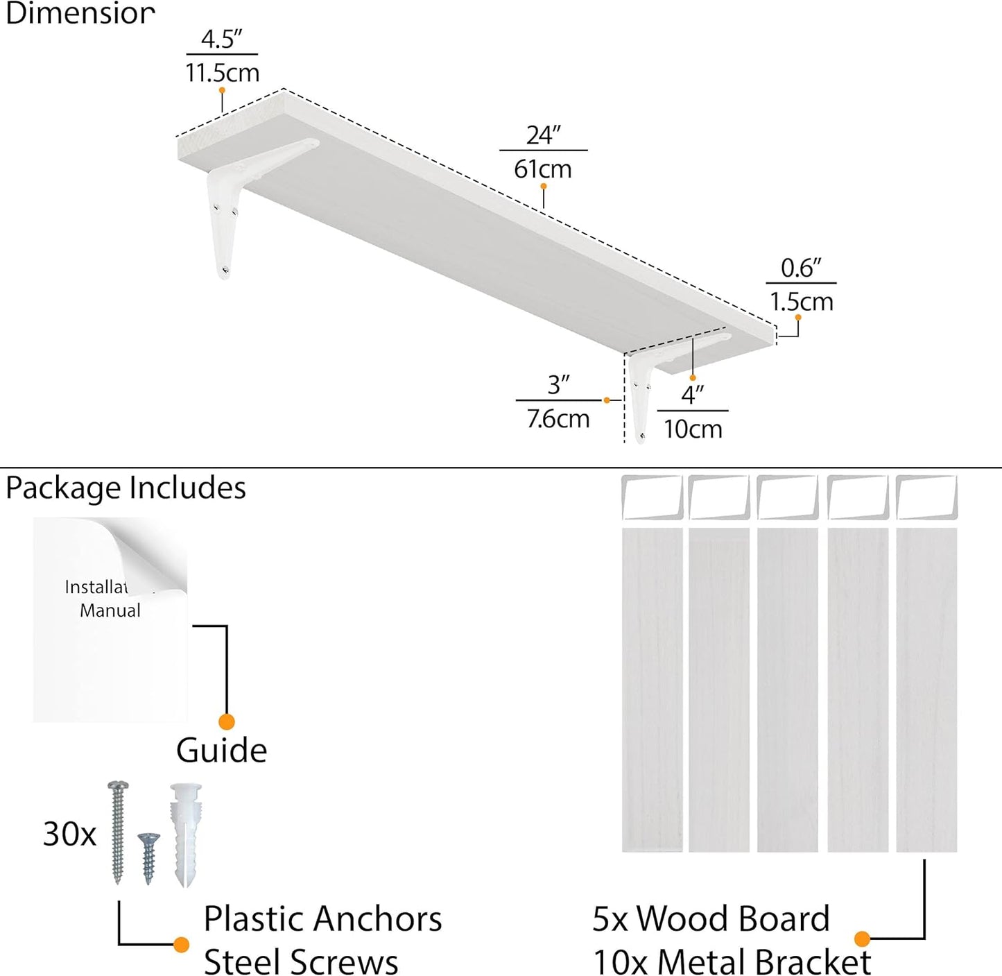Wallniture Arras 24" Bathroom Shelves, Floating Shelves for Wall Storage, Bookshelf Living Room Decor, Bedroom, Kitchen Shelf, White Set of 5