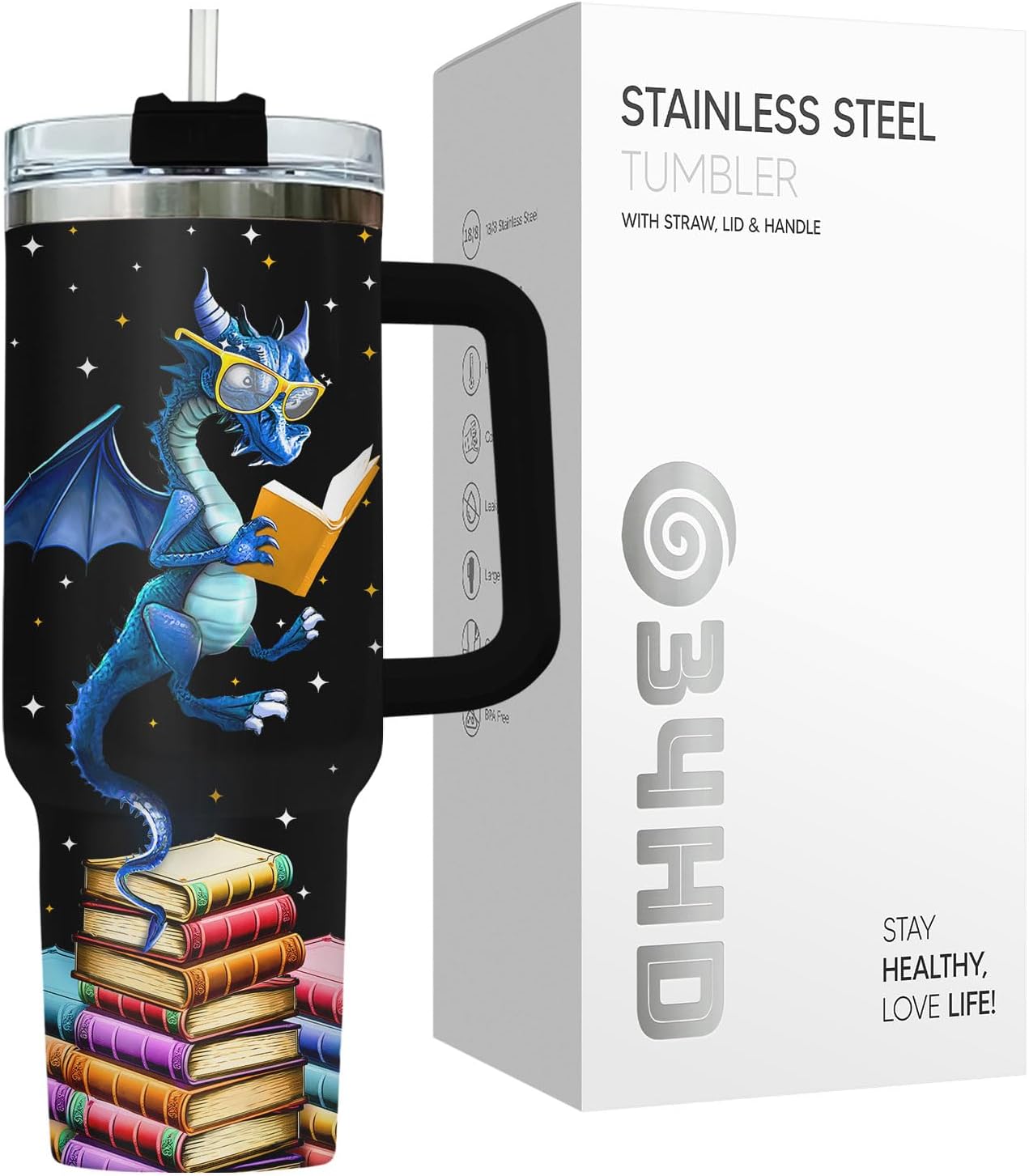 34HD Dragon Reading Books Tumbler 40oz with Handle and Straw, In a World of Bookworms Insulated Travel Coffee Mug, Bookish Items to Men & Women - Birthday Gifts for Book Lovers and Readers