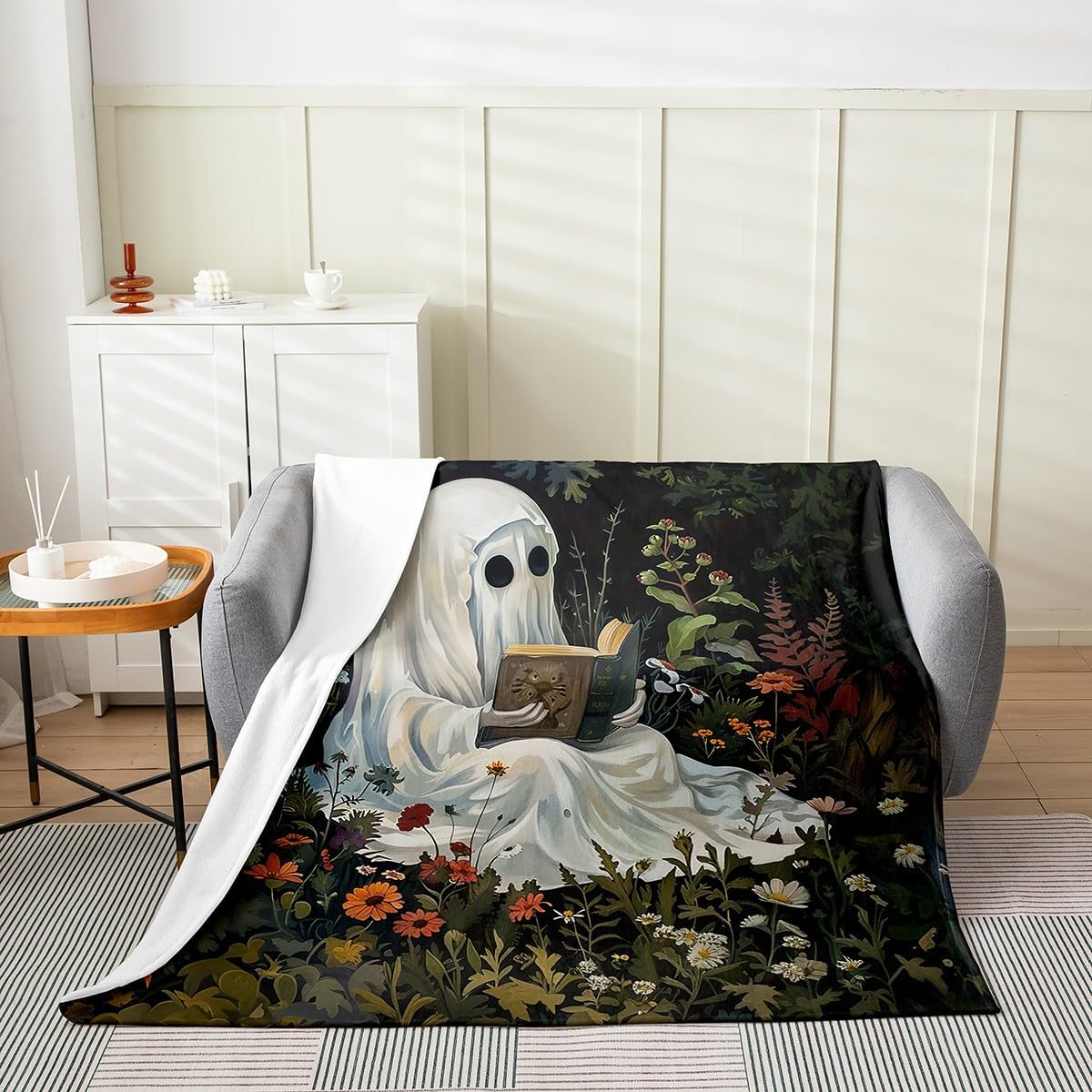 Cute Ghost Flannel Blanket Throw 50"x60",Rustic Halloween Reading Ghosts Lightweight Cozy Fuzzy Blankets for Couch Sofa Bed,Jungle Night Rustic Floral Super Soft Warm Plush Blankets and Throws