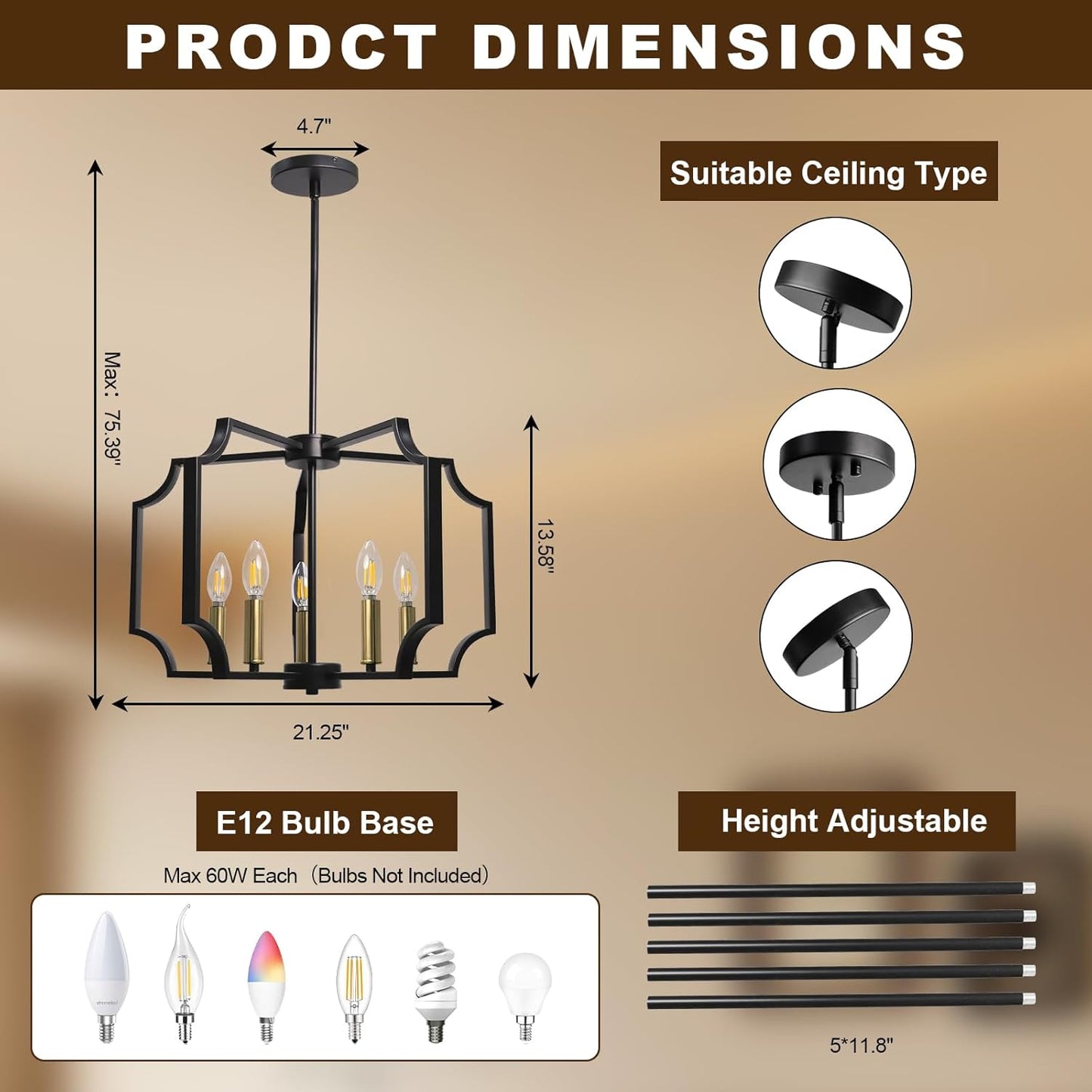 Dining Room Chandeliers, Black&Gold Geometric Modern Farmhouse Chandelier, 5-Light Adjustable Hanging Industrial Metal Pendant Light Fixtures for Kitchen Island Bedroom Stairway Foyer Hallway