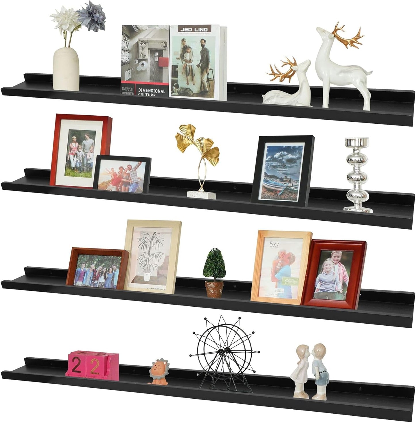 Picture Shelves for Wall,Long Floating Ledge Set of 4,Narrow Large Wood Rustic Photo Frames Vinyl Record Storage Display Nursery Kids Bookshelf Decor for Living Room Bedroom Kitchen,36'',Black